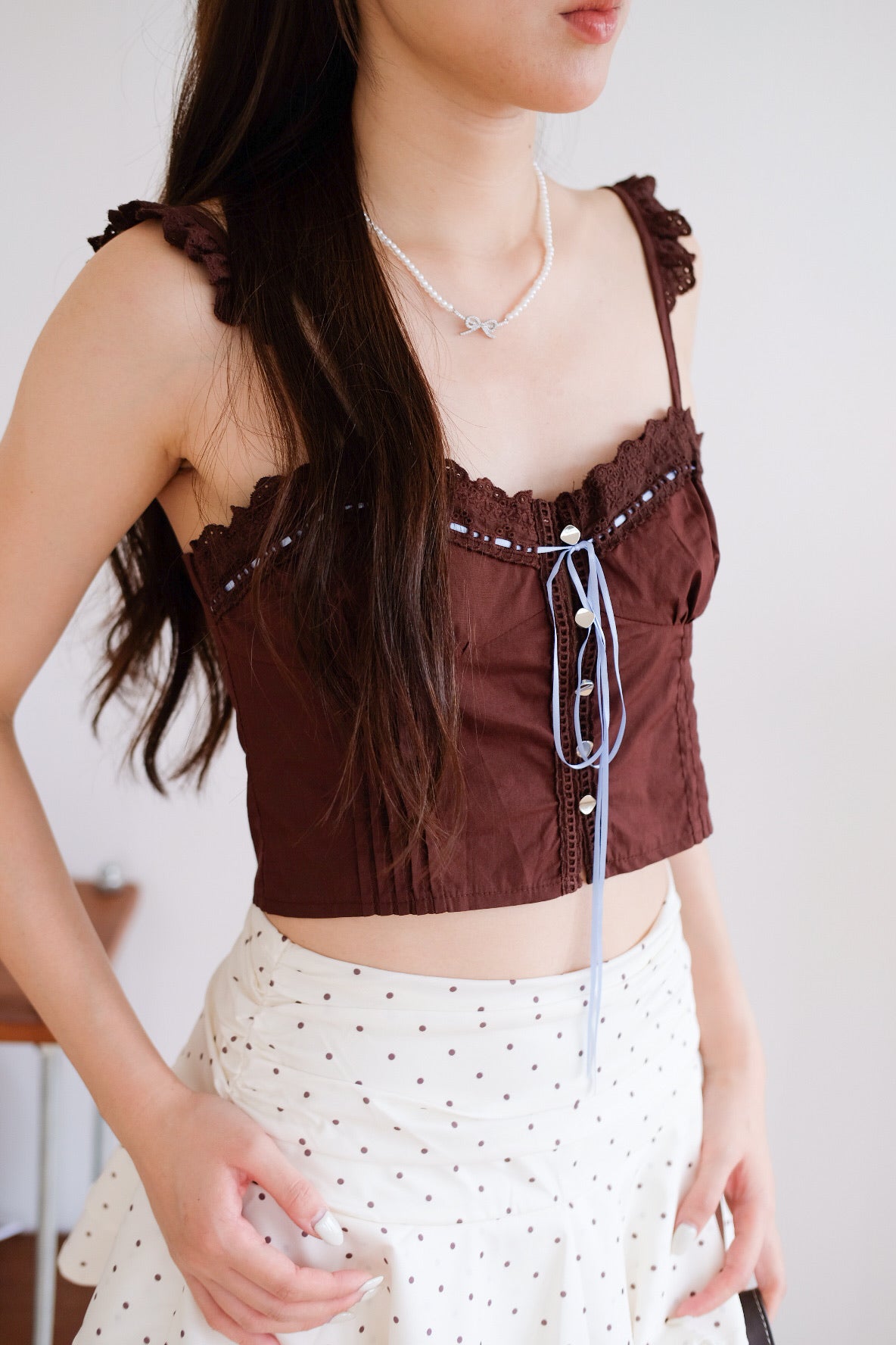 Belle Eyelet Coquette Crop Top (Brown)