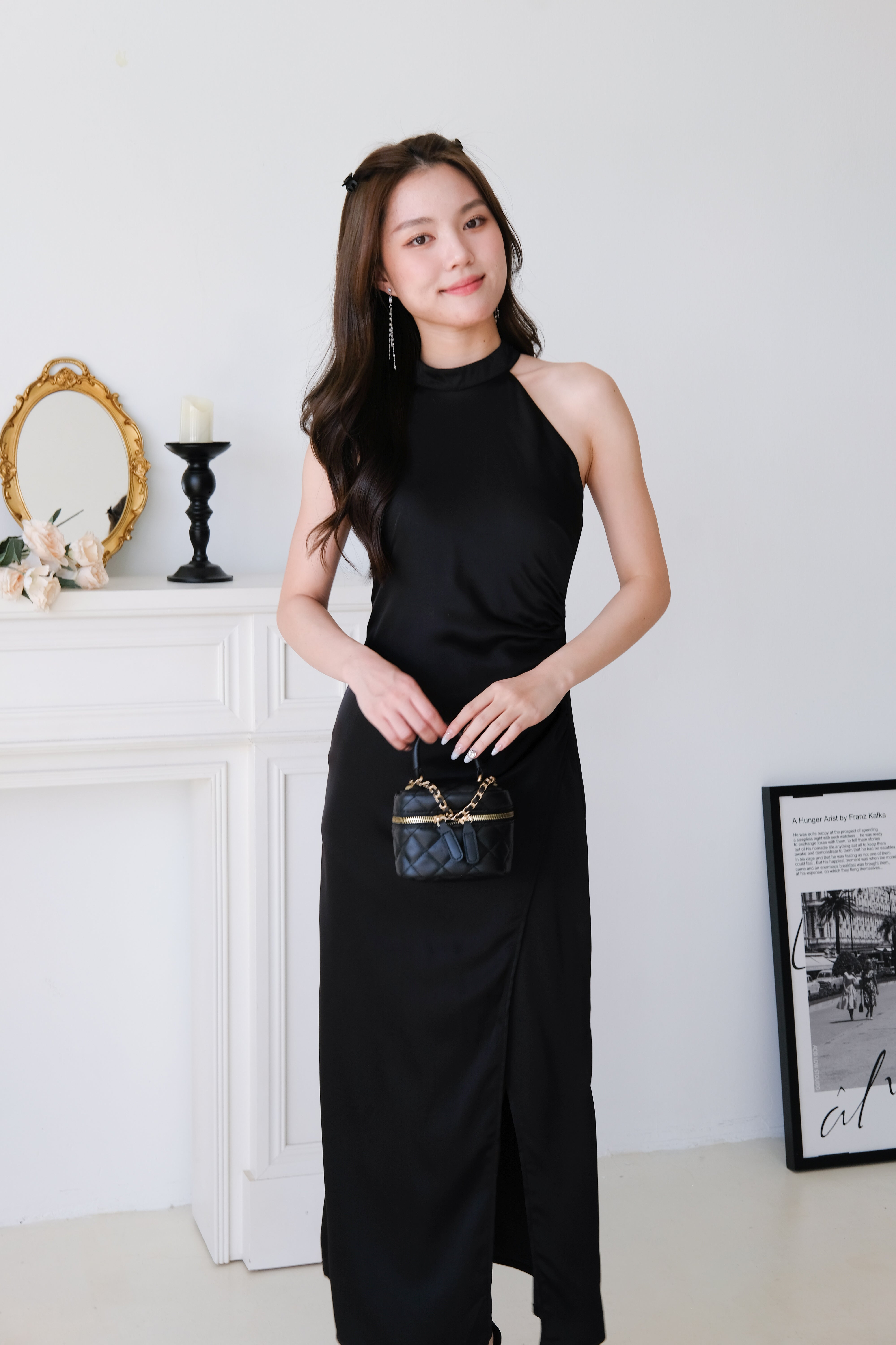 Elyanne Halter Satin Slit Maxi Dress (Black)