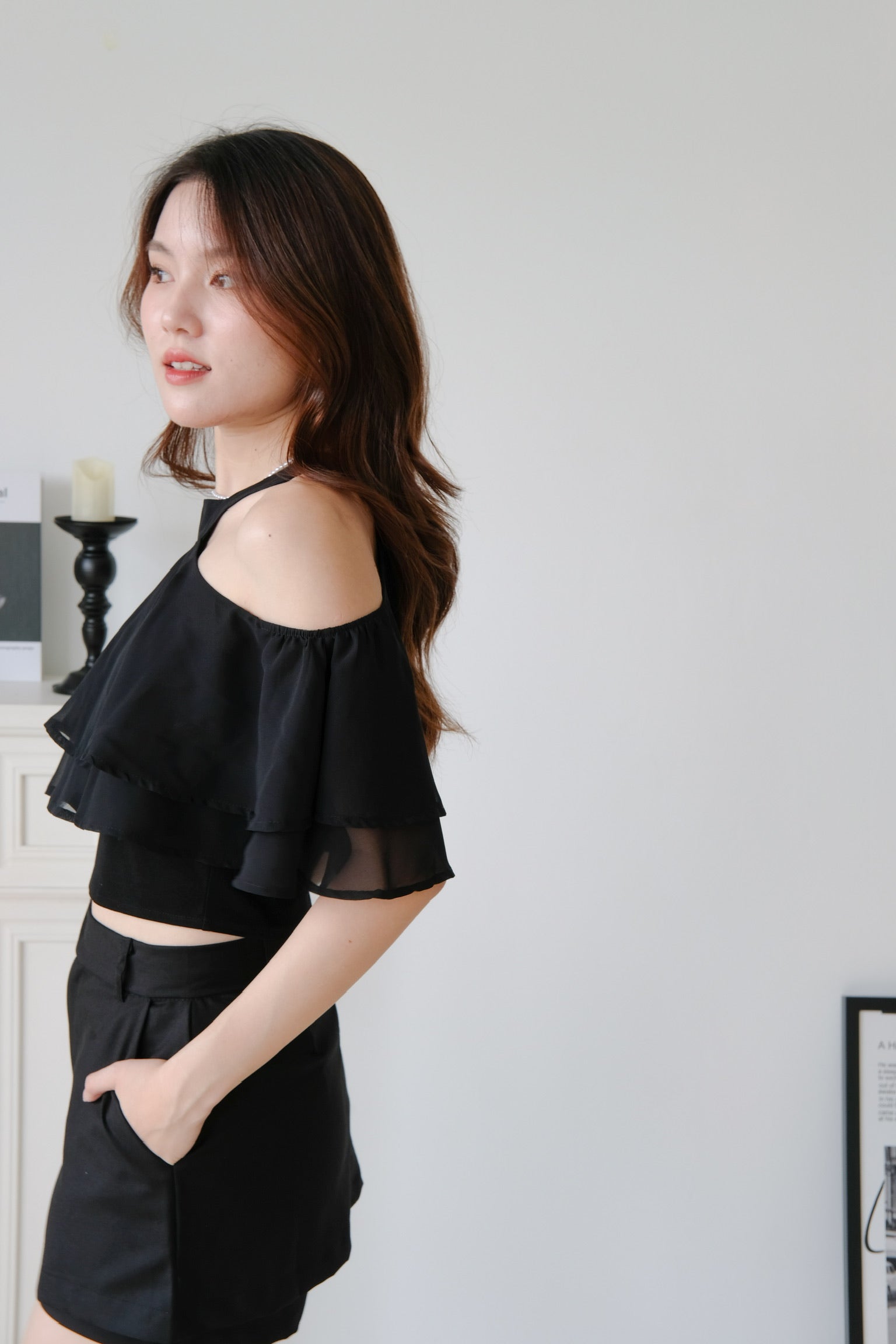 Estelle Halter Ruffle Tiered Crop (Black)