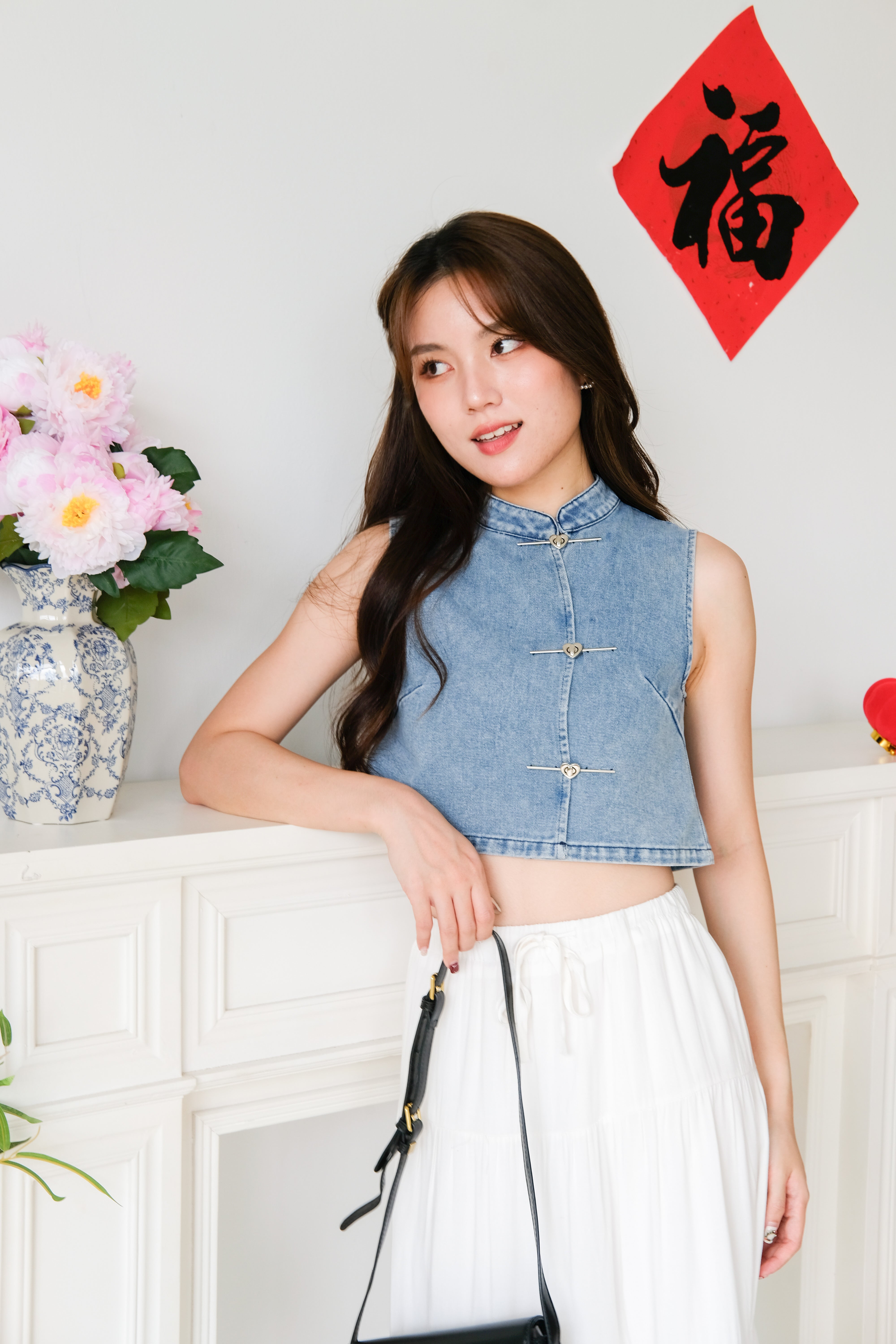 Andrea Denim Cheongsam Crop (Medium Blue)