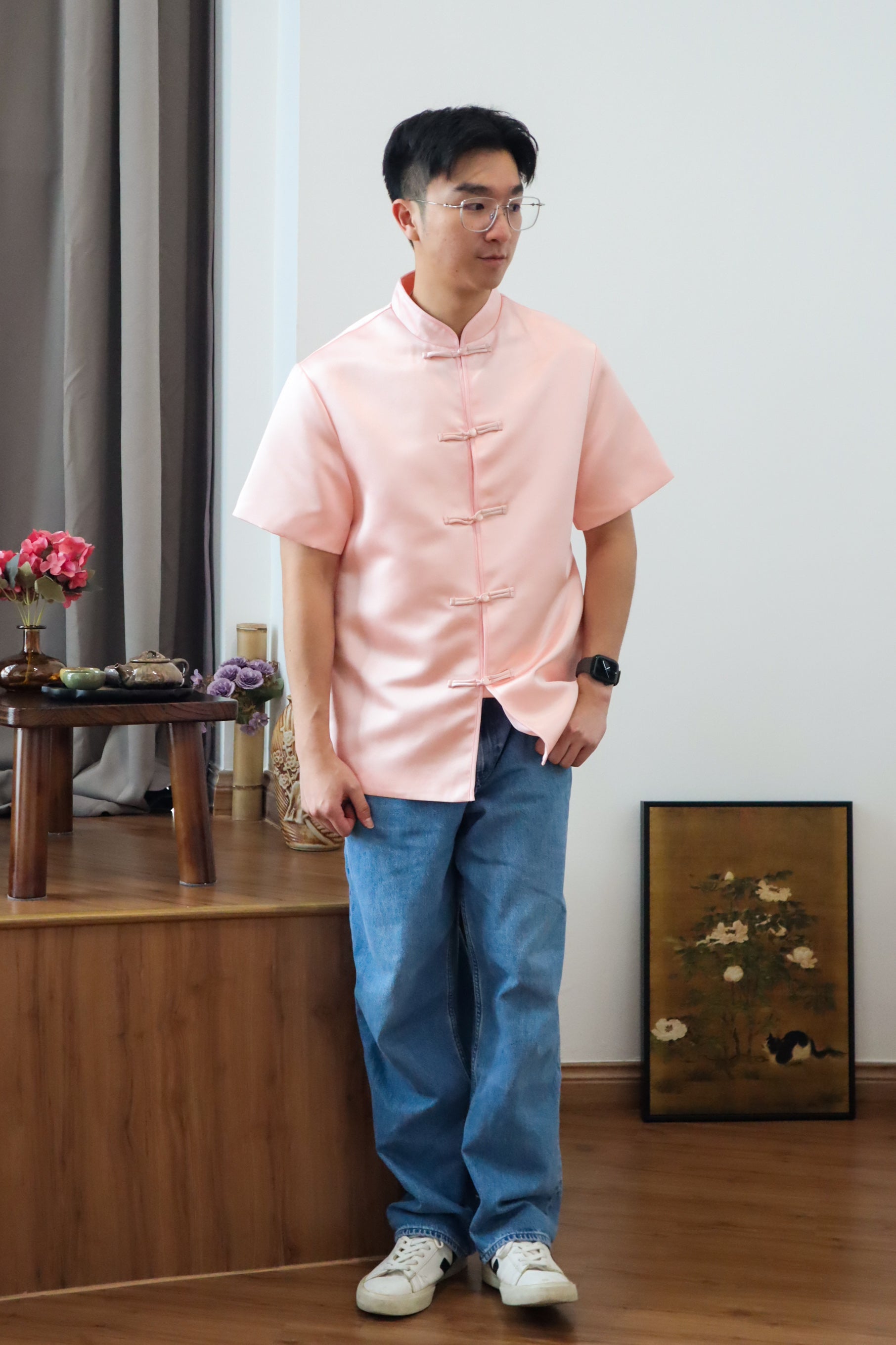 玉树临风 Feng Button Men Samfu (Silk Pink)