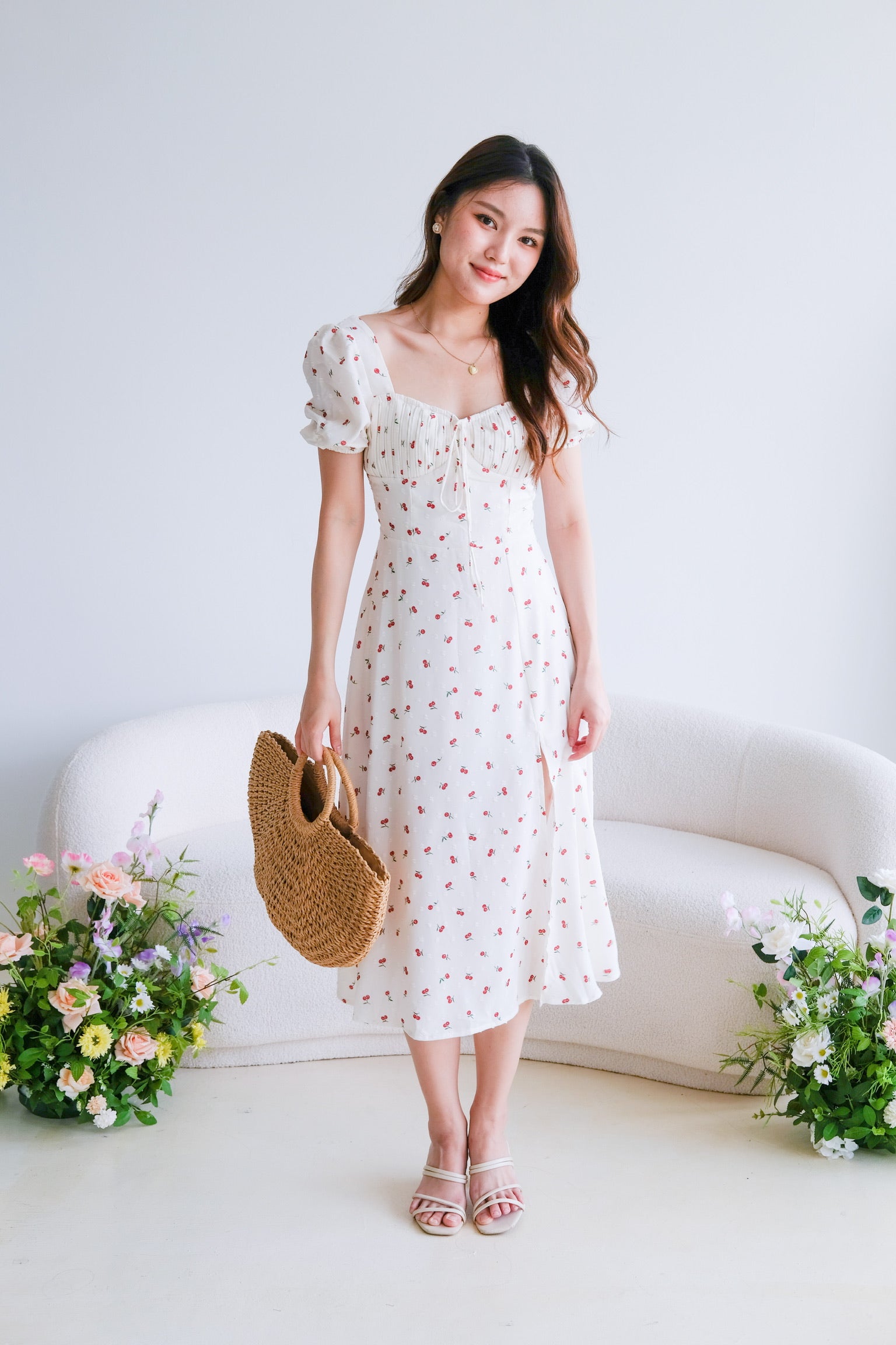 Cherrie French Slit Midi Dress (Cream)