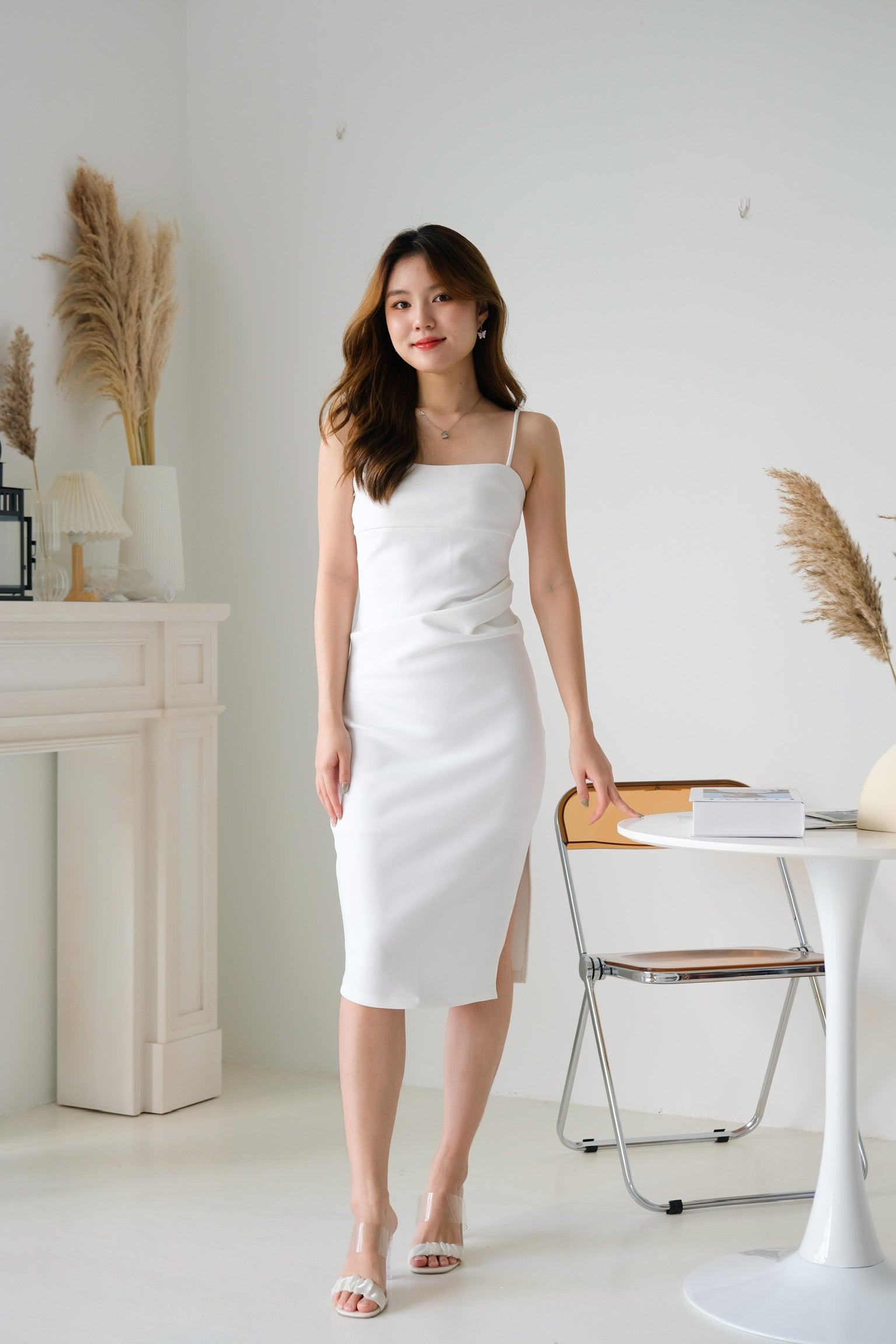 Claudine Ruched Midi Dress (White)