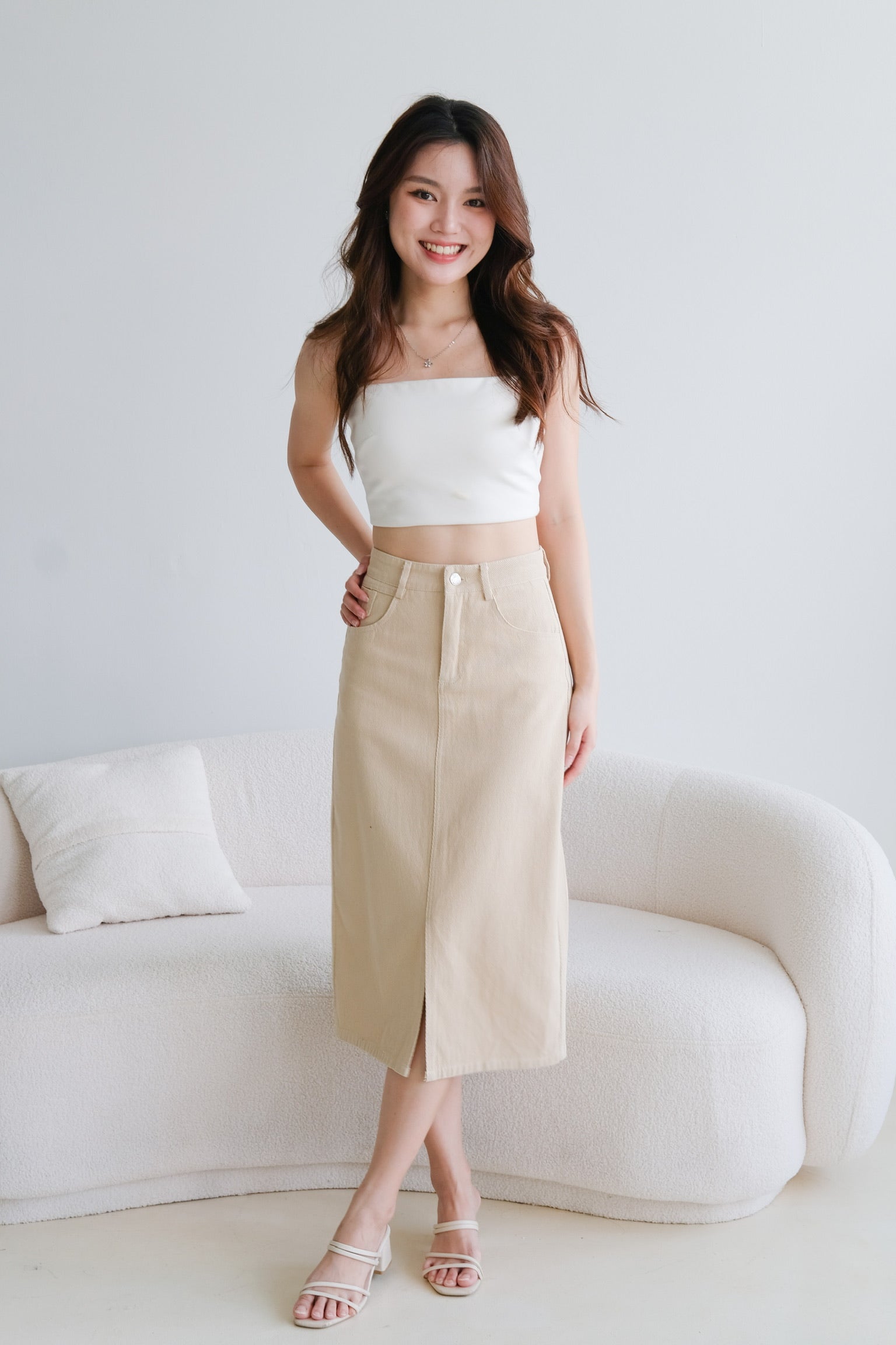 Rhea Belt Column Midi Skirt (Beige)