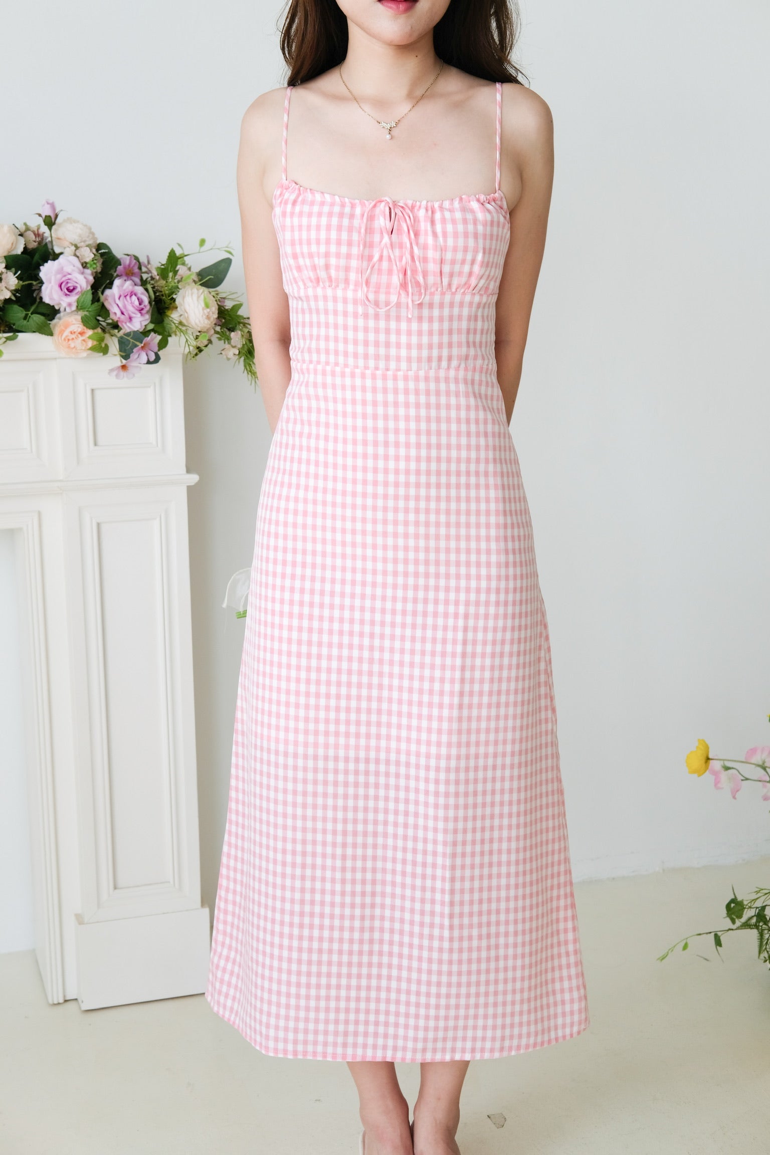 Veronnie Ruched Plaid Midi Dress (Pink)