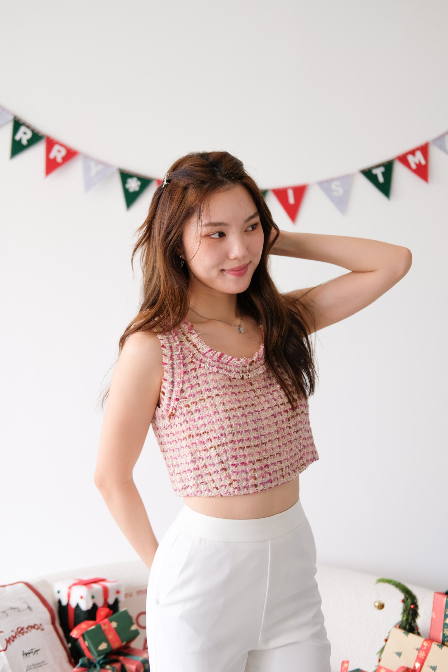 Mirea Frills Tweed Crop Top (Magenta)