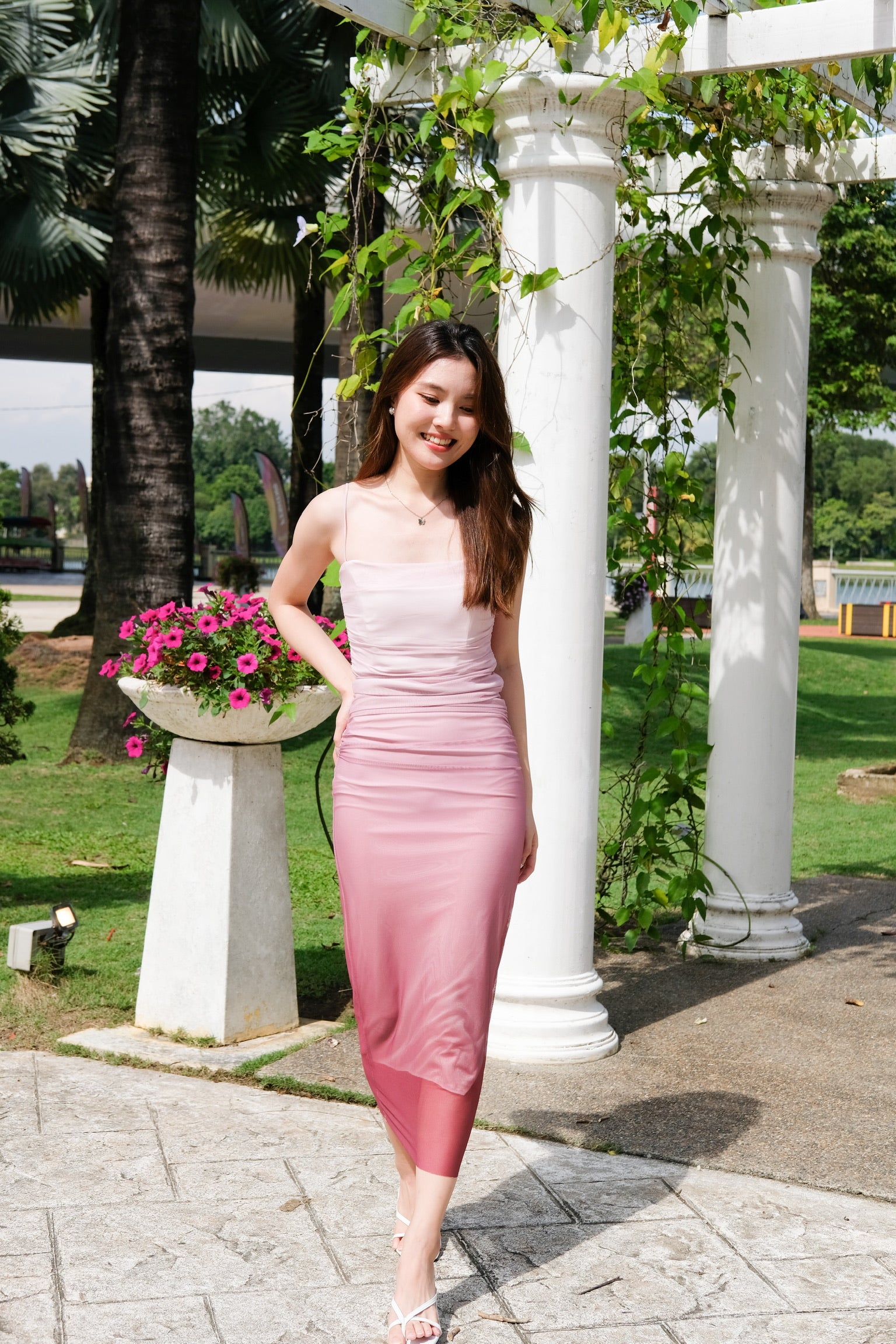 Chrystal Ruched Mesh Maxi Dress (Ombre Pink)