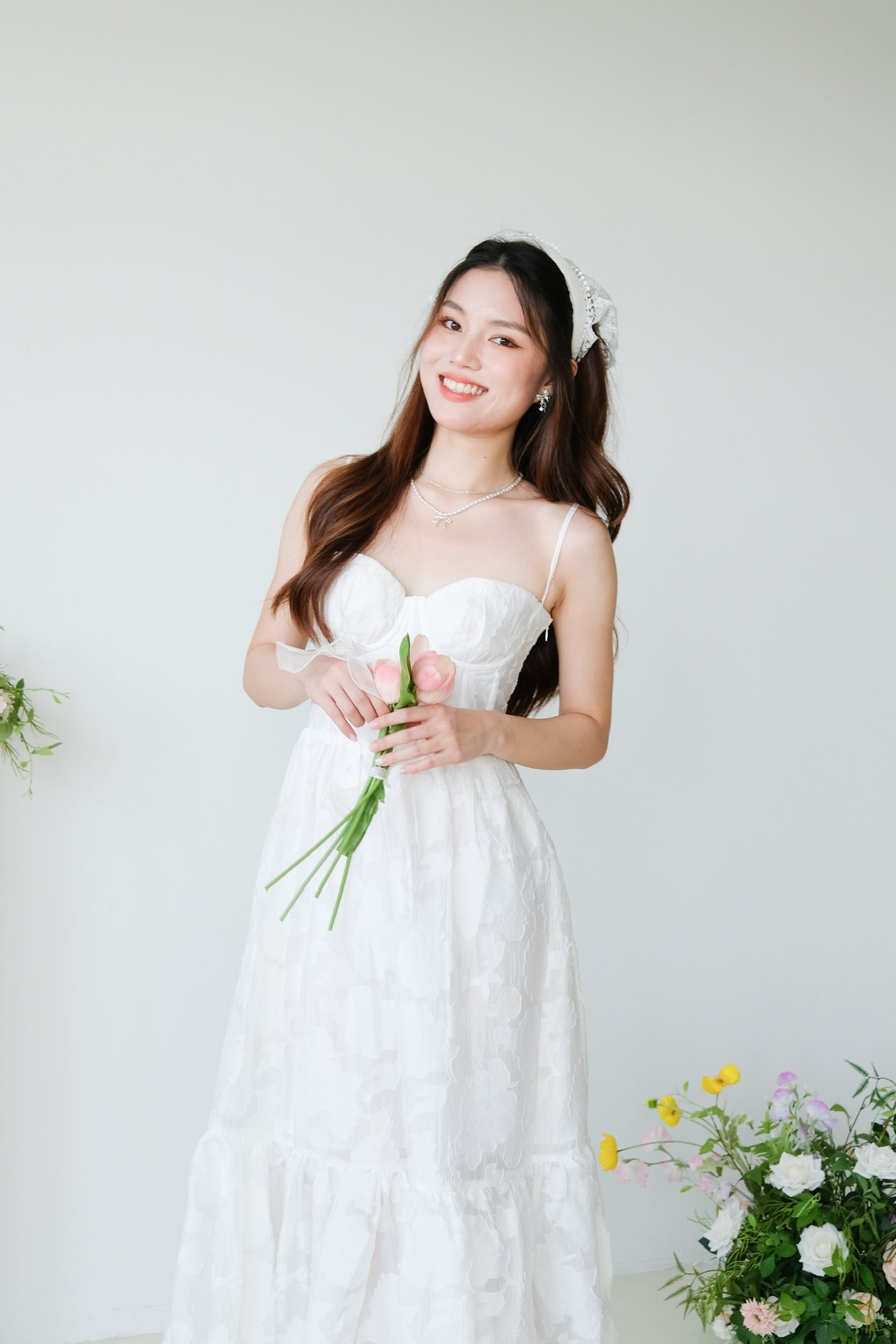 Natalia Floral Organza Midaxi Dress (White)