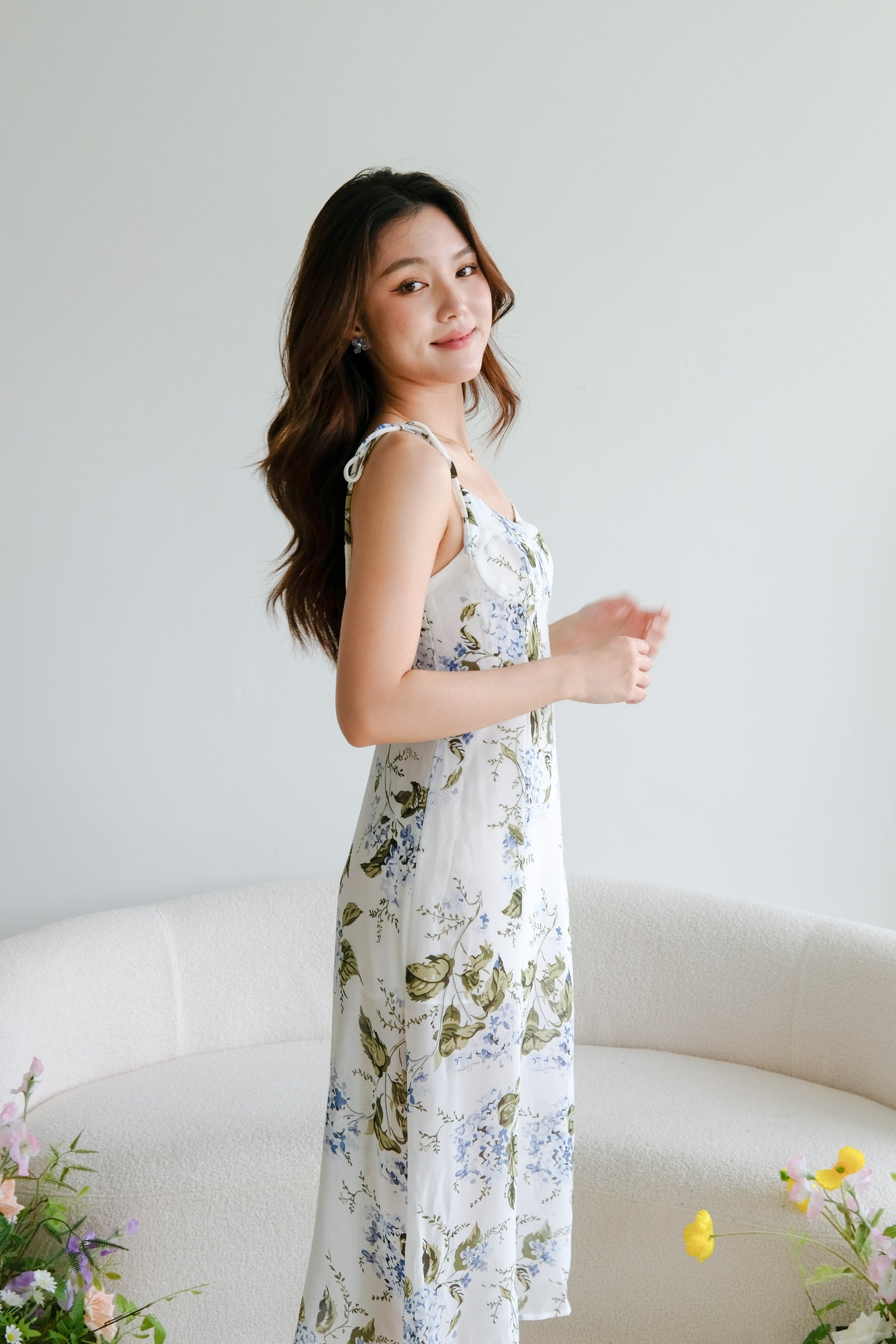 Esther Self Tie Floral Midi Dress (White Floral)