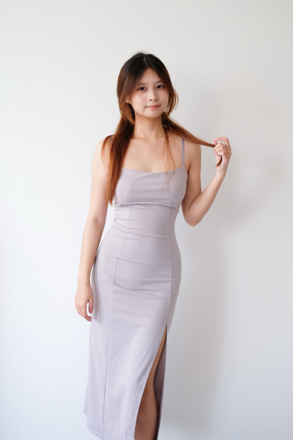 Purplish Grey Side Slit Slim Maxi Dress