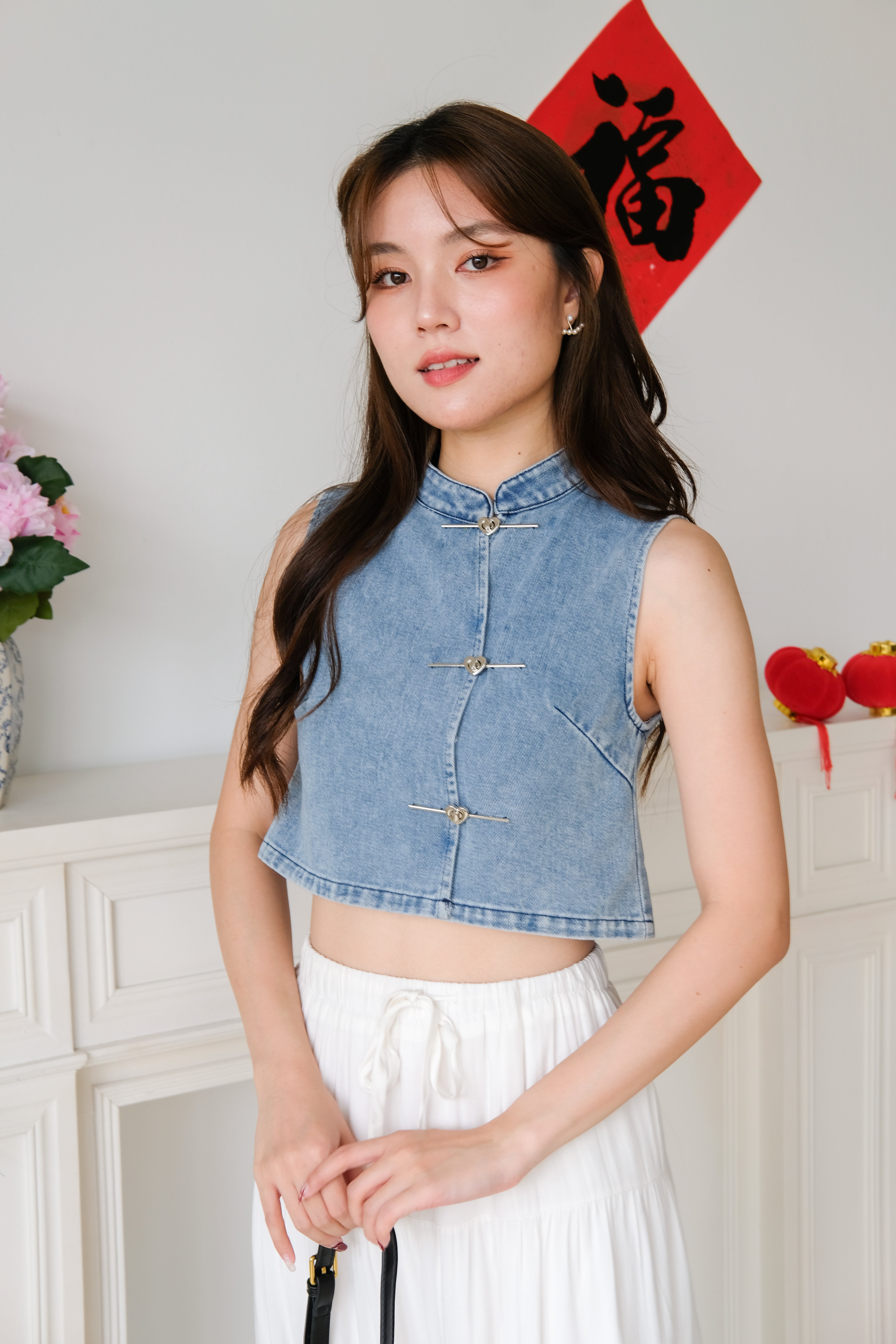 Andrea Denim Cheongsam Crop (Medium Blue)