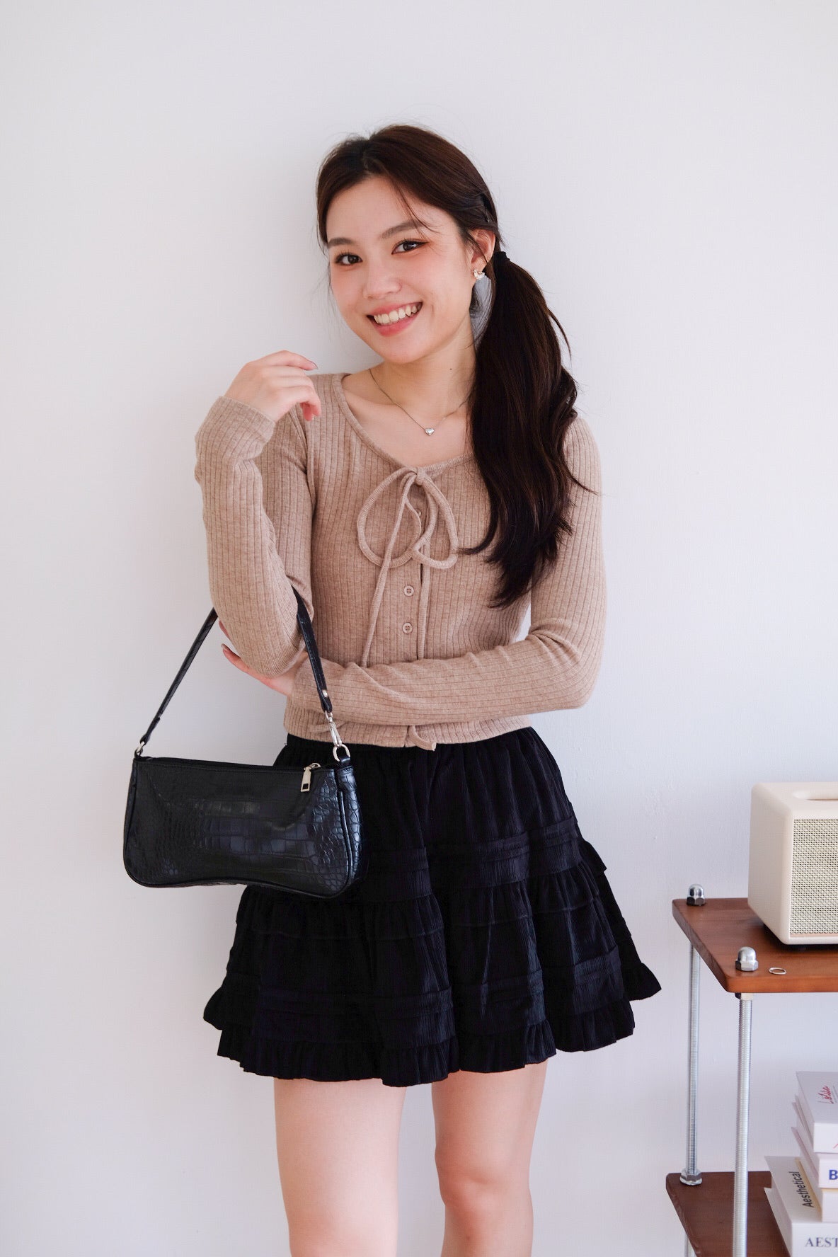 Coco Ribbon Long Sleeve Knit Top (Light Brown)