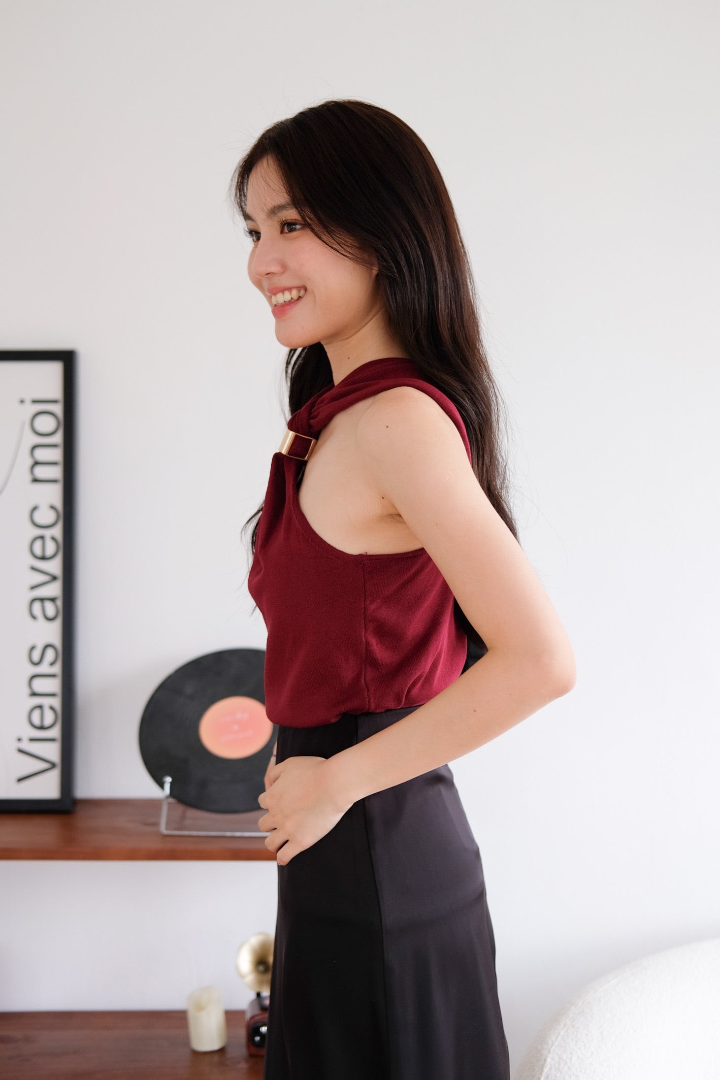 Suezette Halter Gold Ornament Knit Top (Maroon)