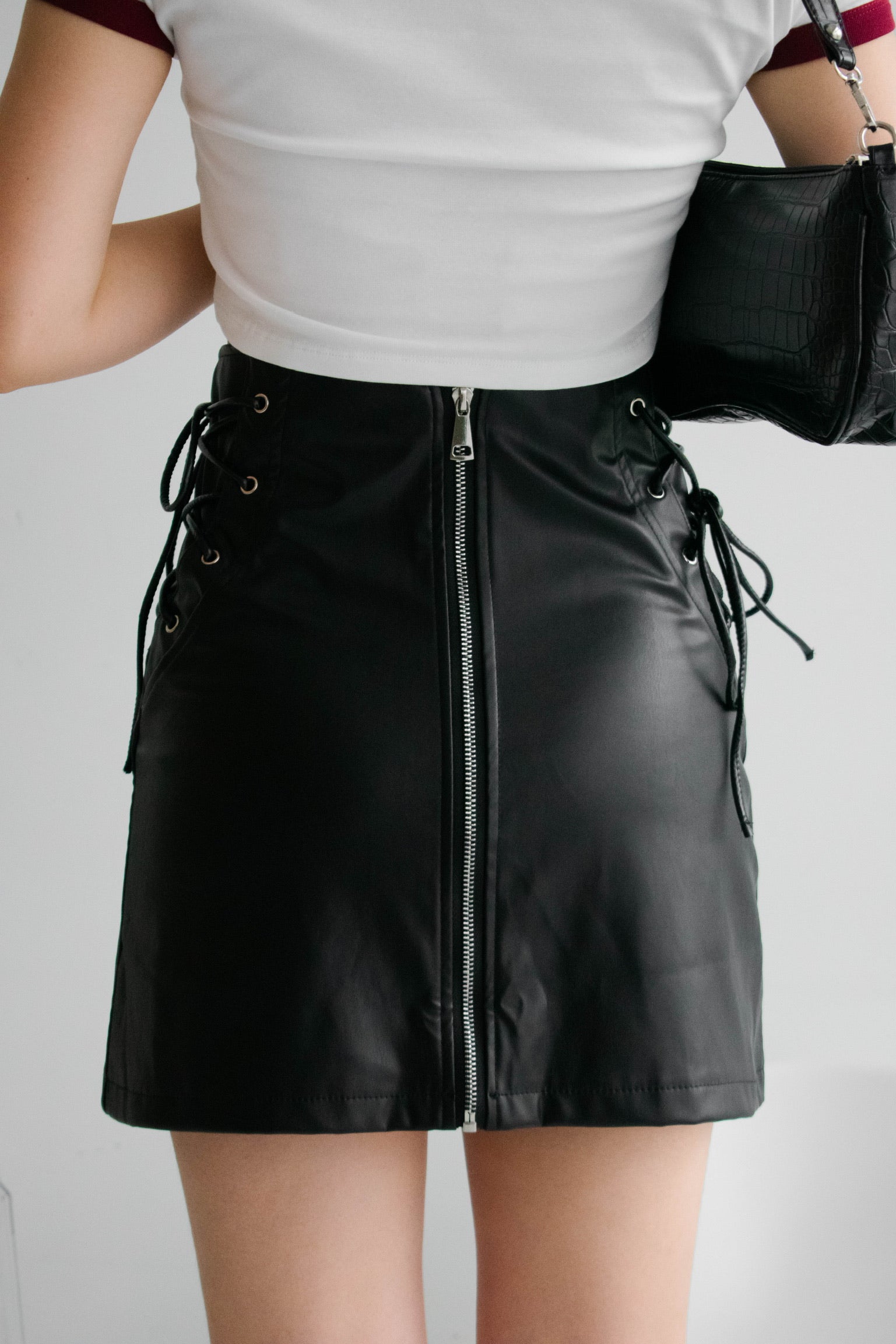 Dylan Faux Leather Drawstring Skirt (Black)