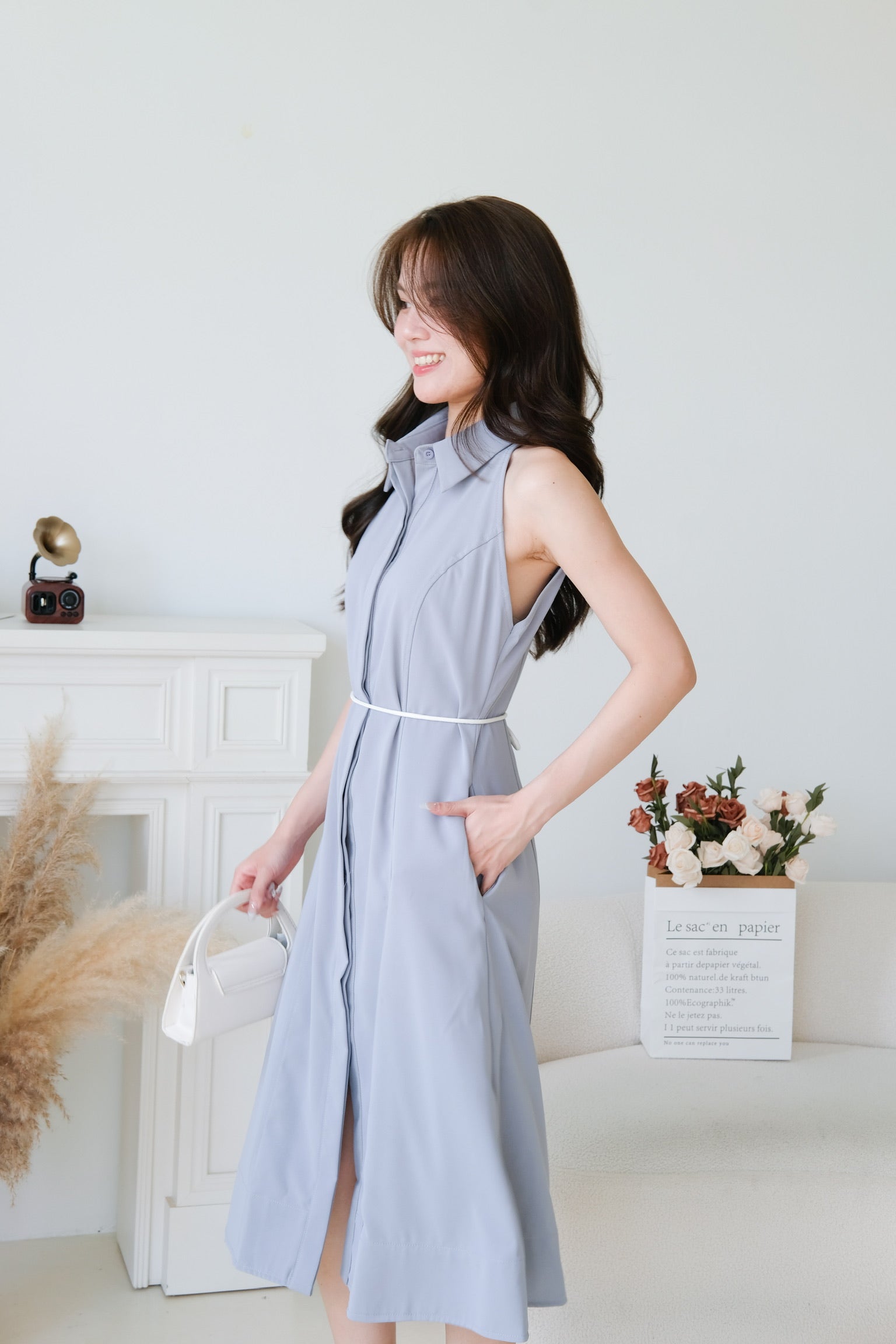Eletta Collared A Line Dress (Dusty Blue)