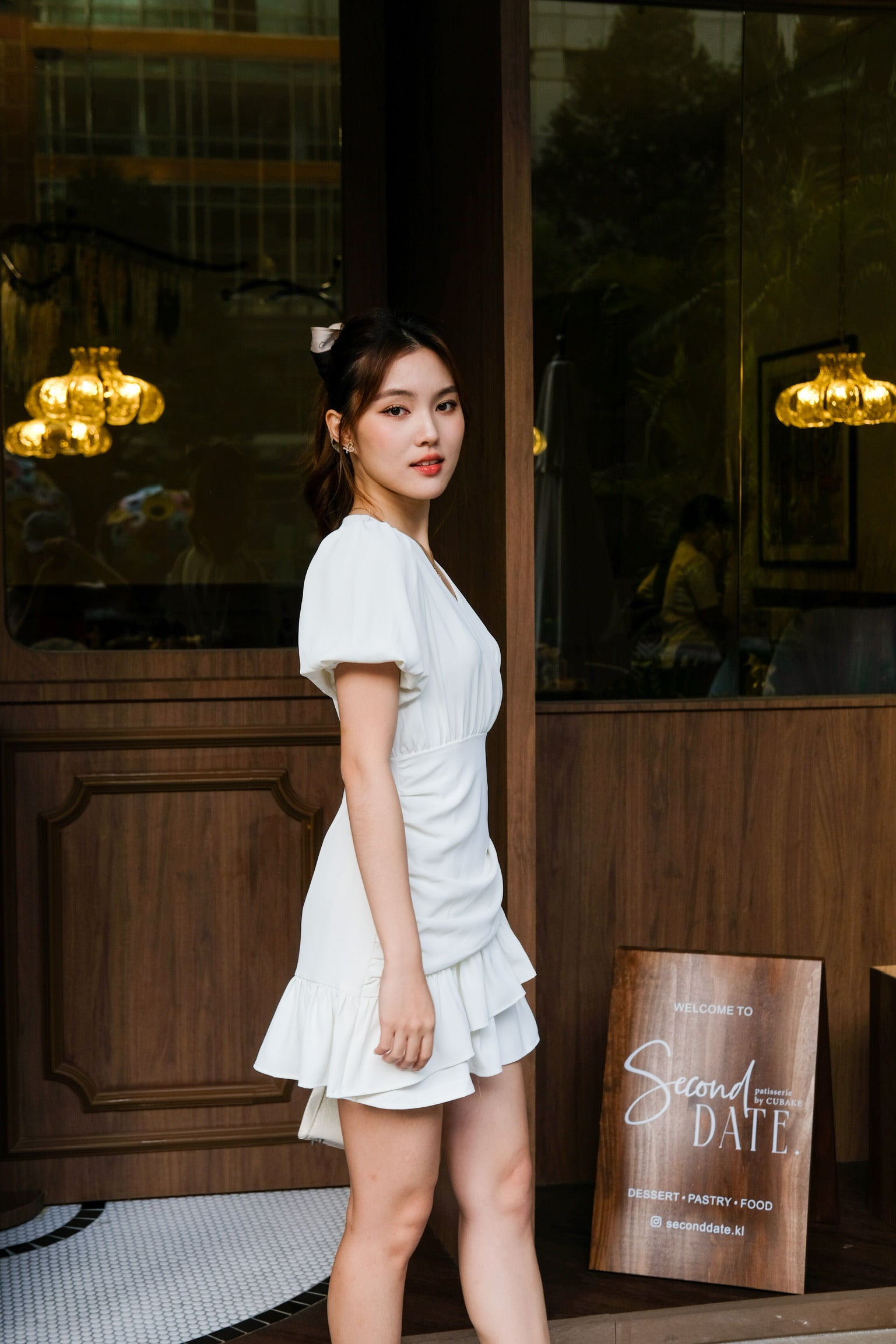 Tiara Puff Sleeves Ruched Dress (White)