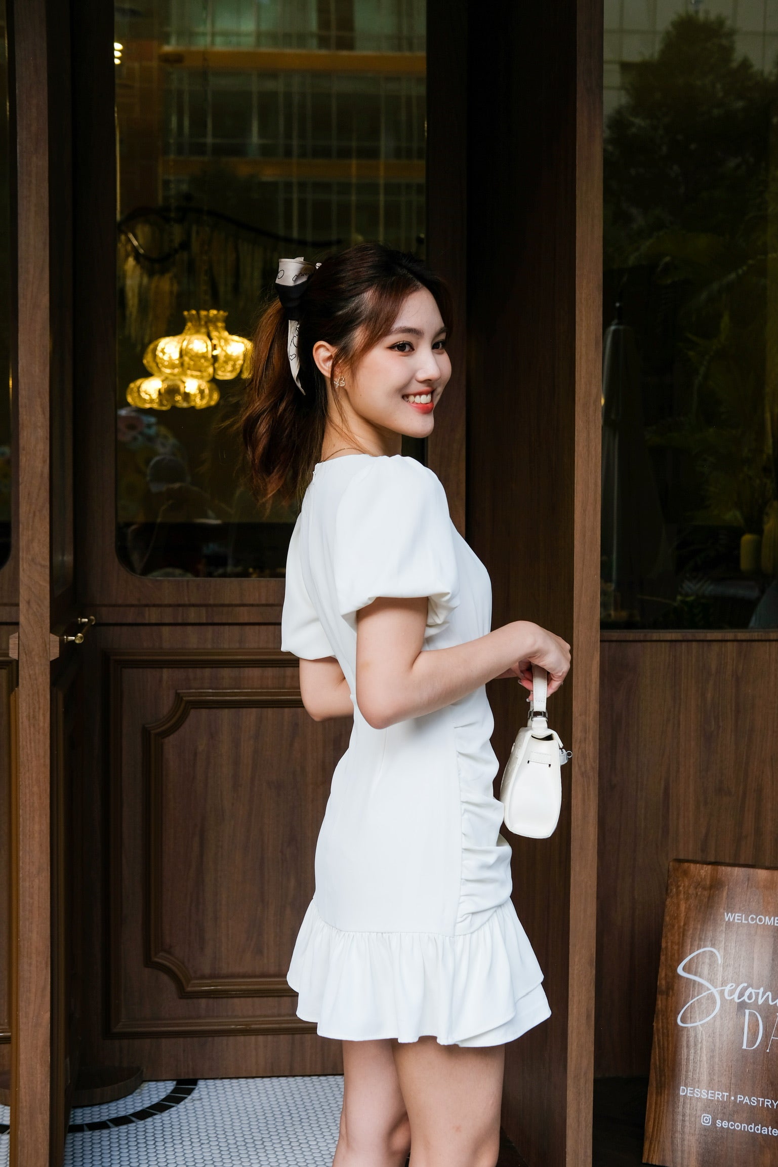 Tiara Puff Sleeves Ruched Dress (White)