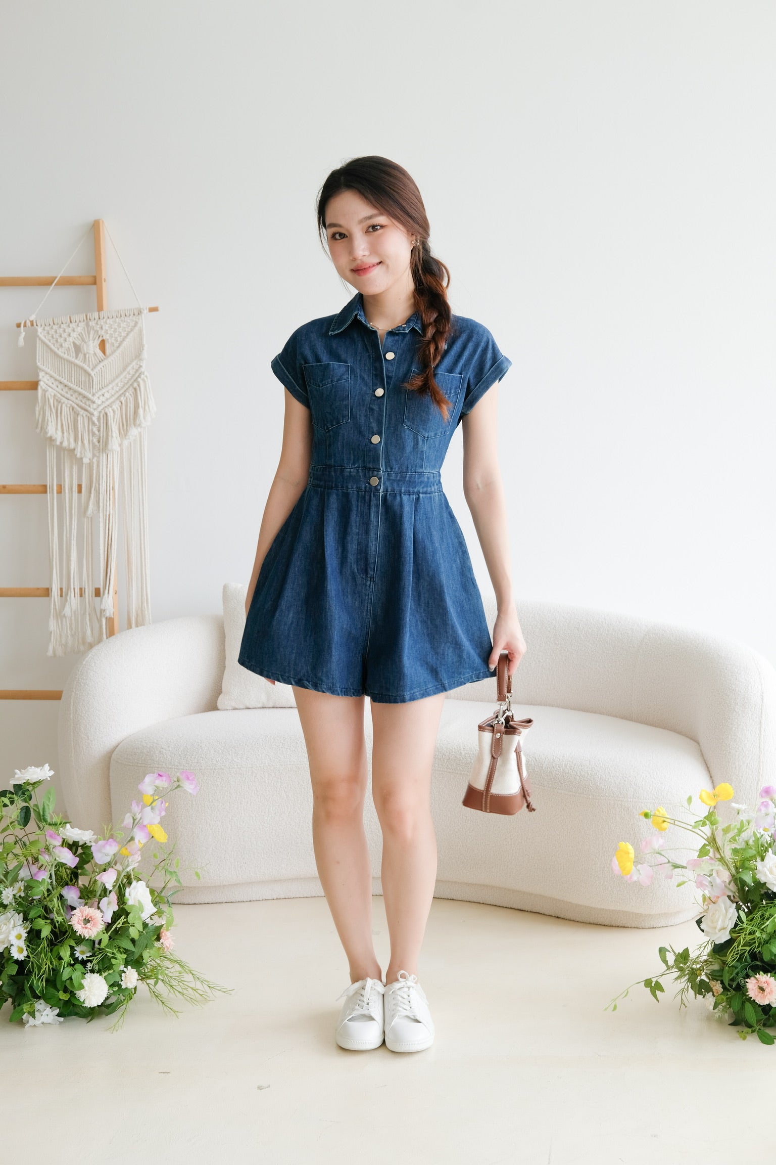 Elemental Collared Denim Romper (Dark Blue)