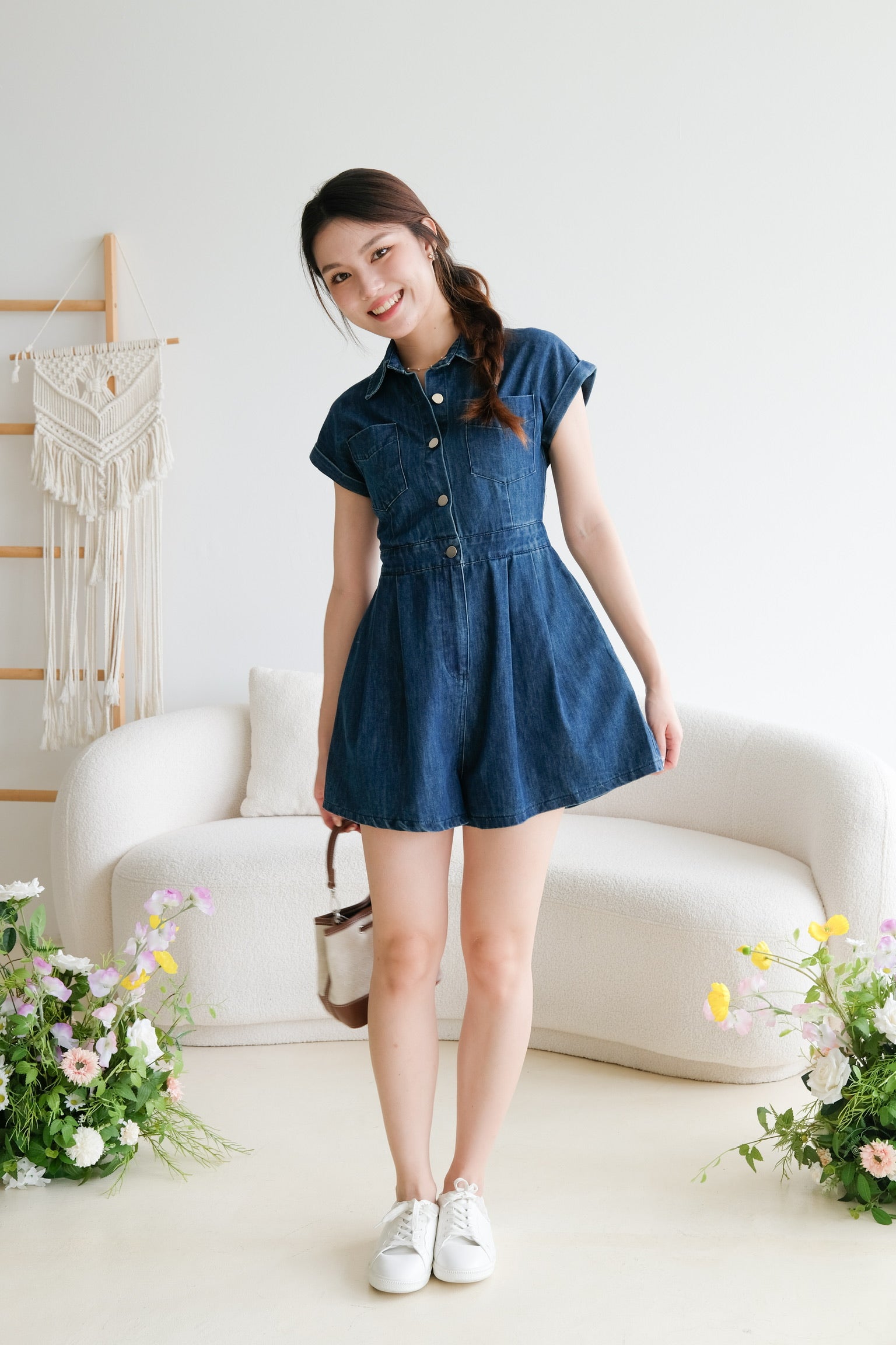 Elemental Collared Denim Romper (Dark Blue)