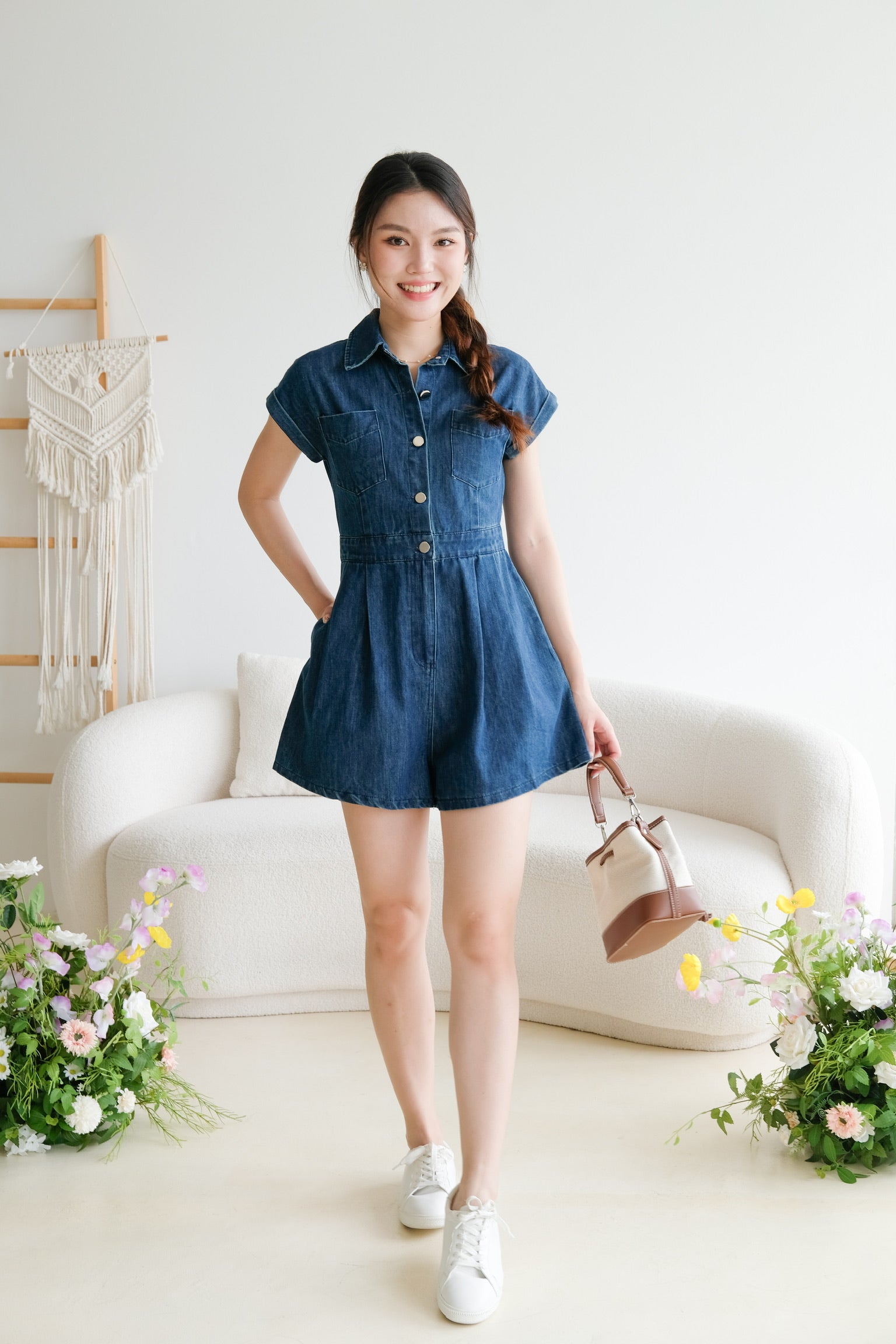 Elemental Collared Denim Romper (Dark Blue)