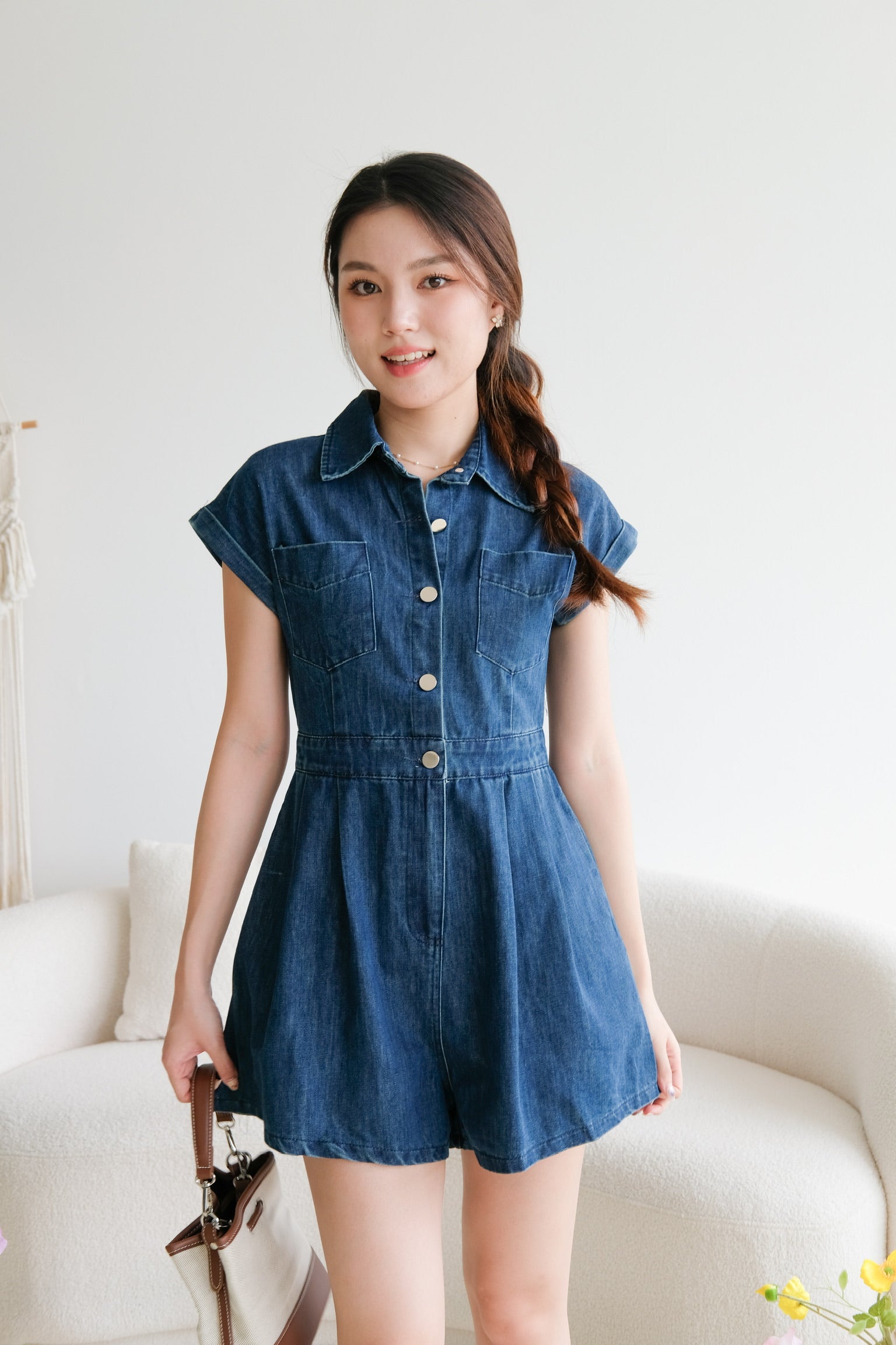 Elemental Collared Denim Romper (Dark Blue)