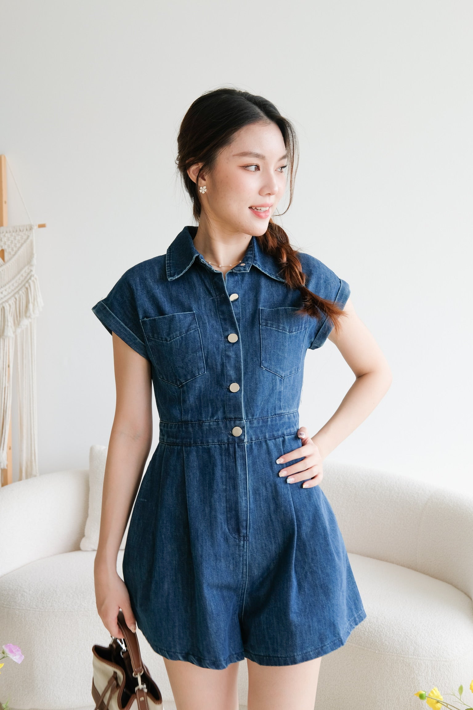 Elemental Collared Denim Romper (Dark Blue)