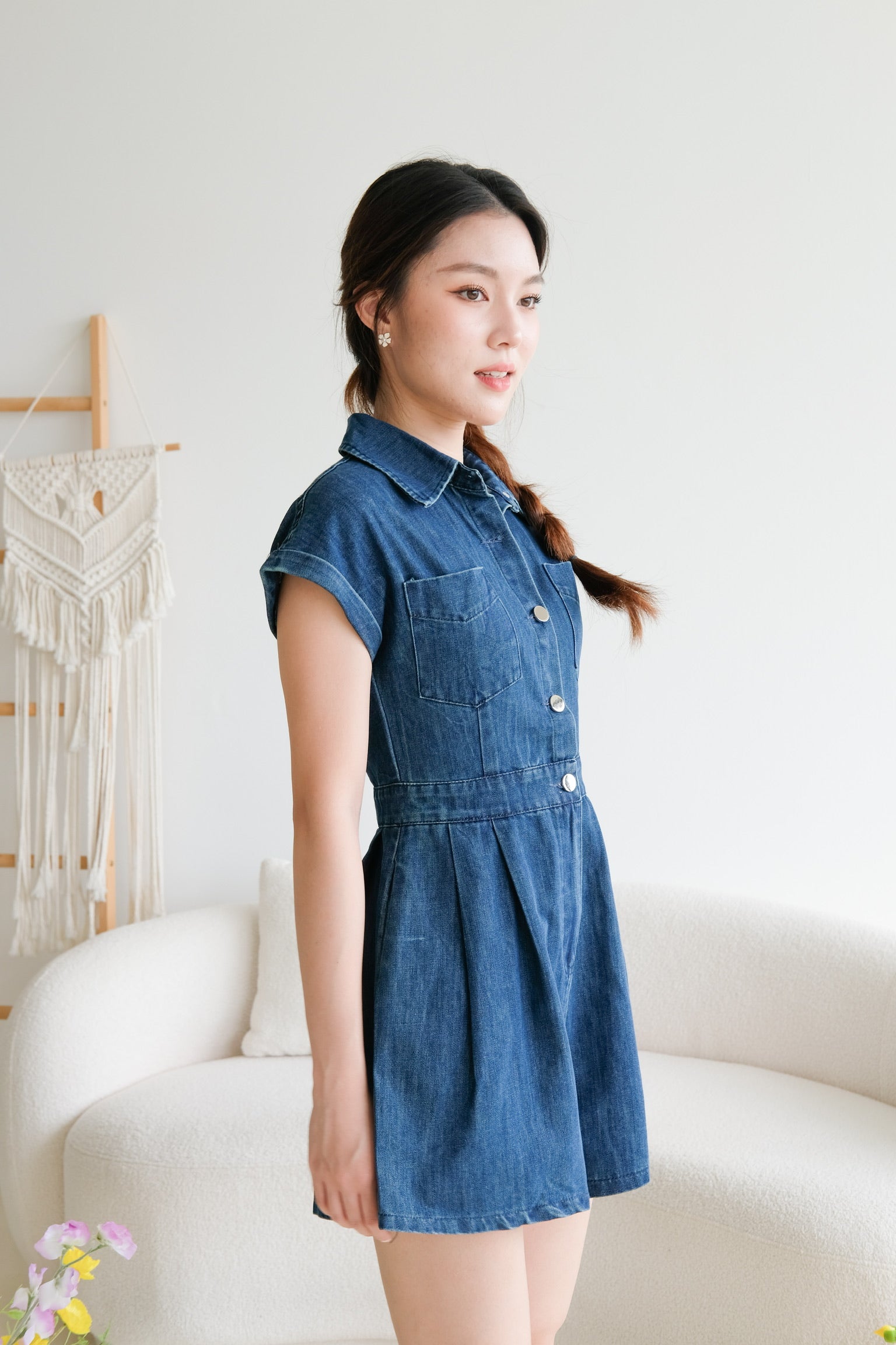 Elemental Collared Denim Romper (Dark Blue)