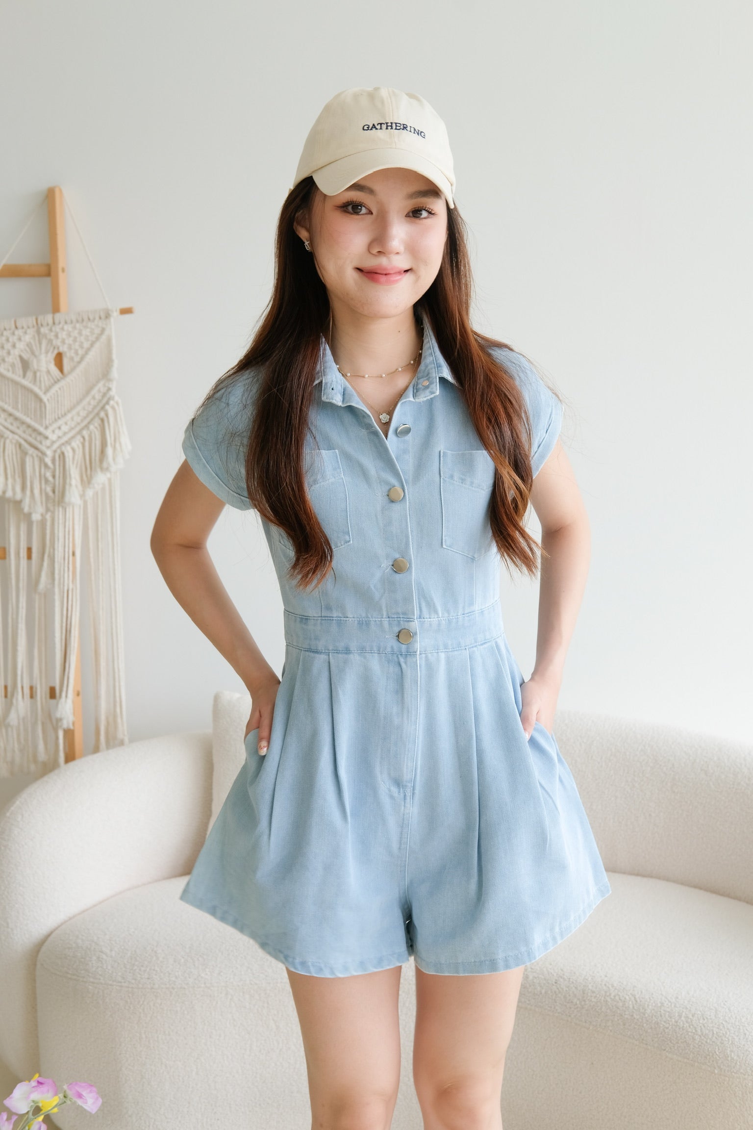 Elemental Collared Denim Romper (Light Blue)