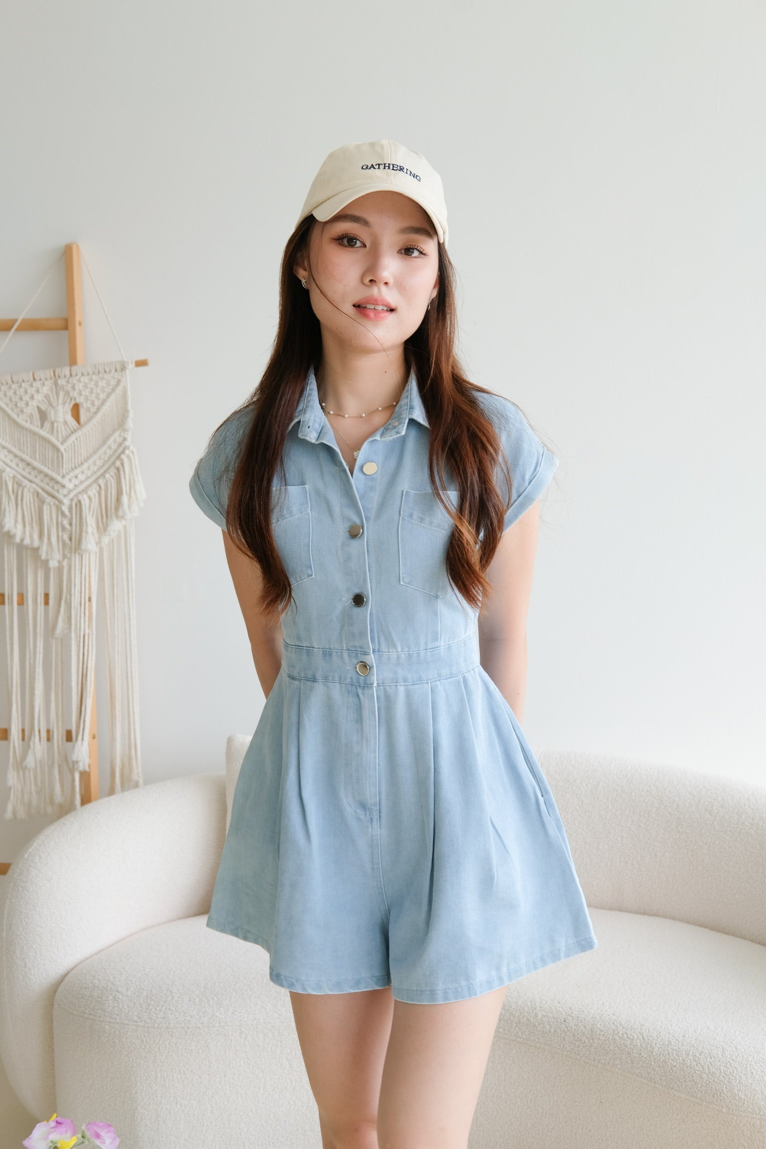 Elemental Collared Denim Romper (Light Blue)