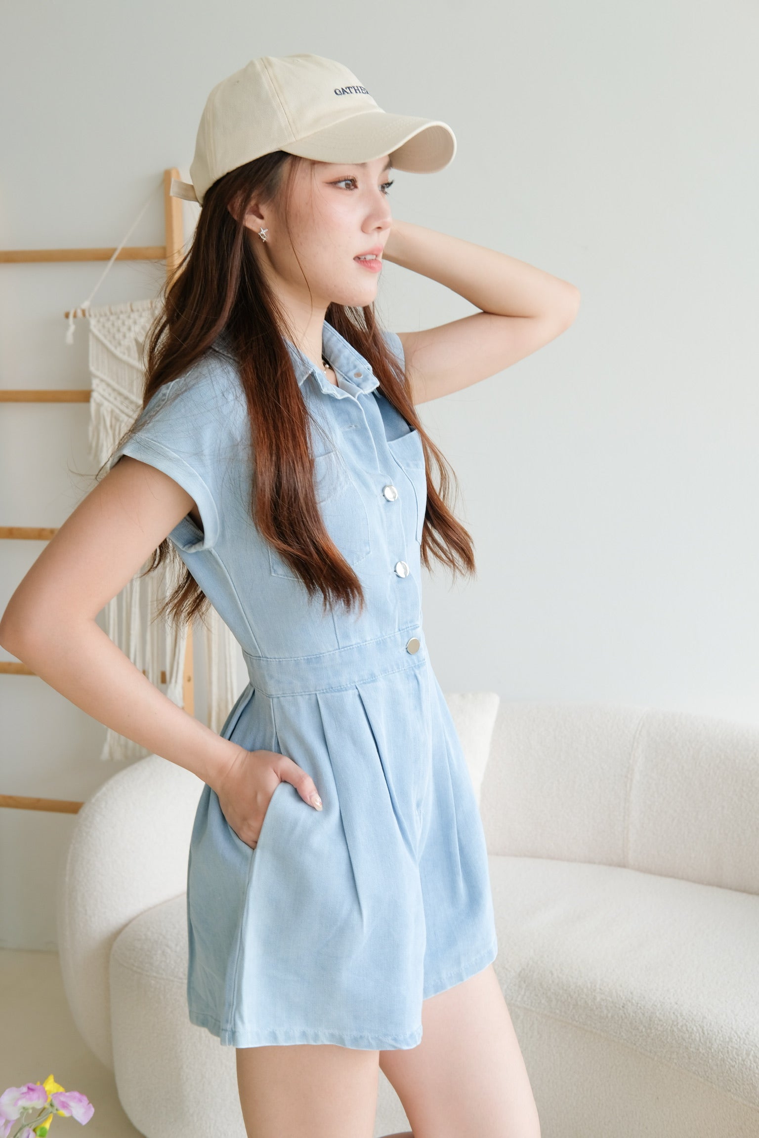 Elemental Collared Denim Romper (Light Blue)