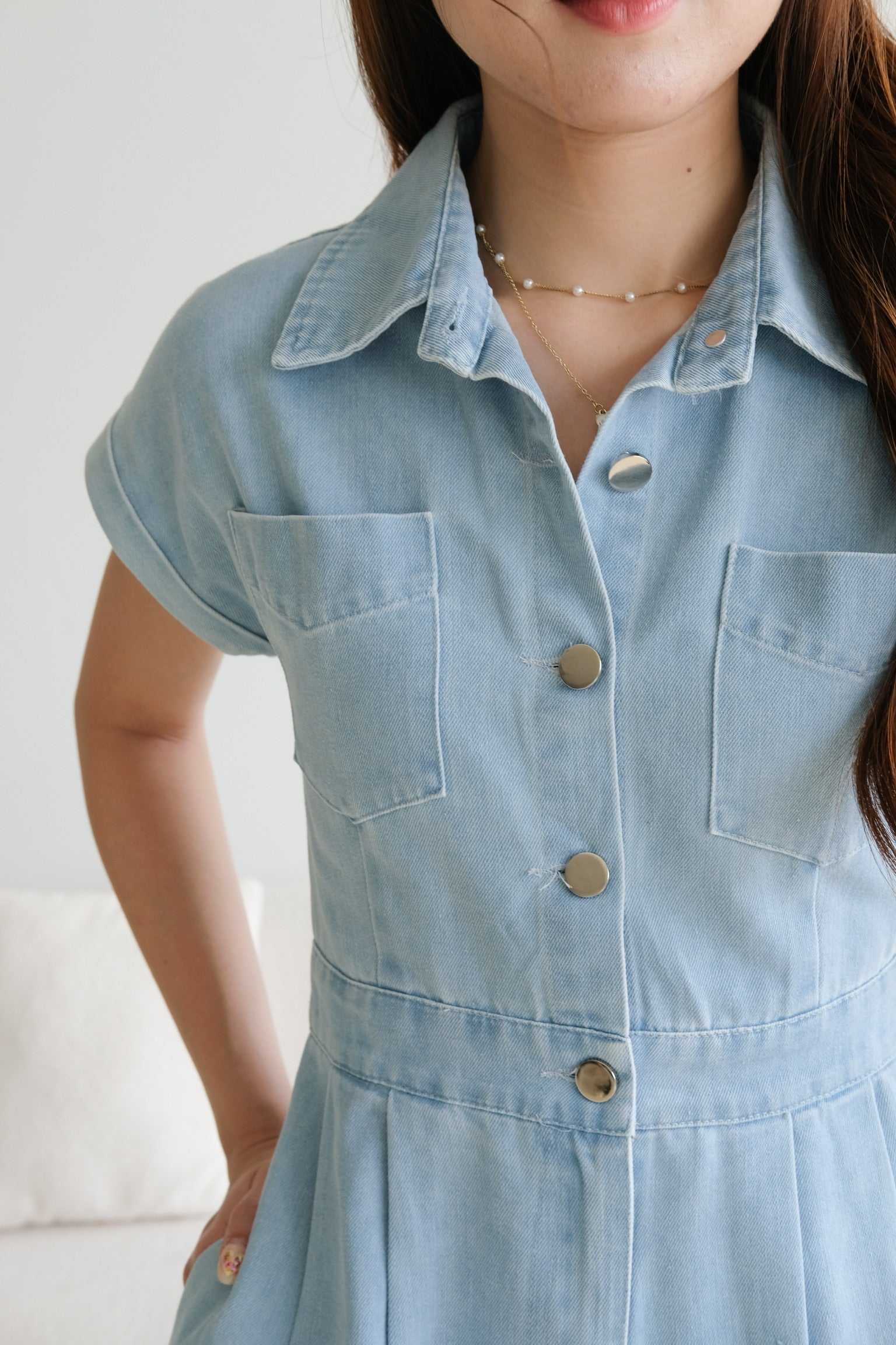 Elemental Collared Denim Romper (Light Blue)