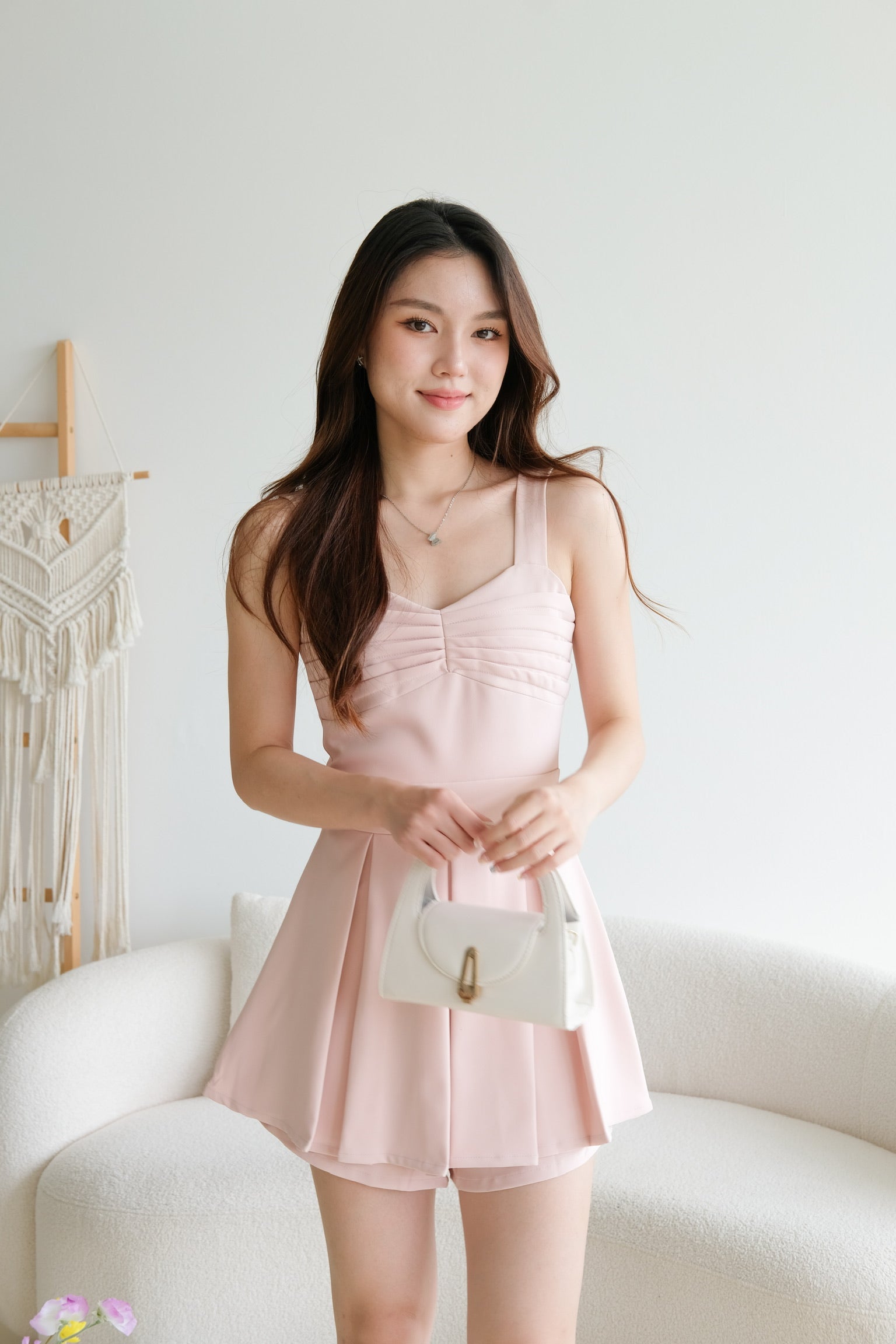 Madeline Pleated Sweetheart Romper (Blush Pink)