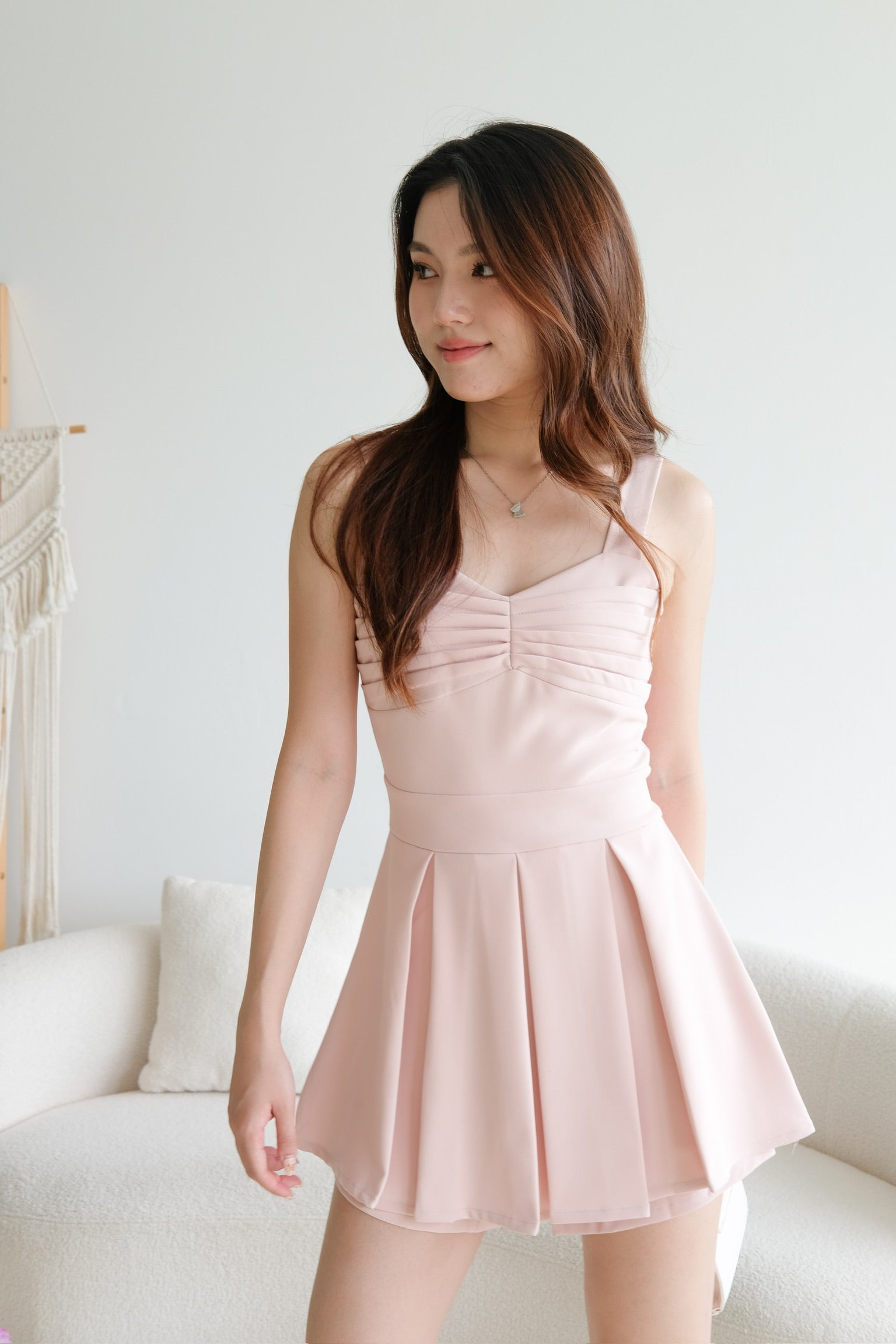 Madeline Pleated Sweetheart Romper (Blush Pink)