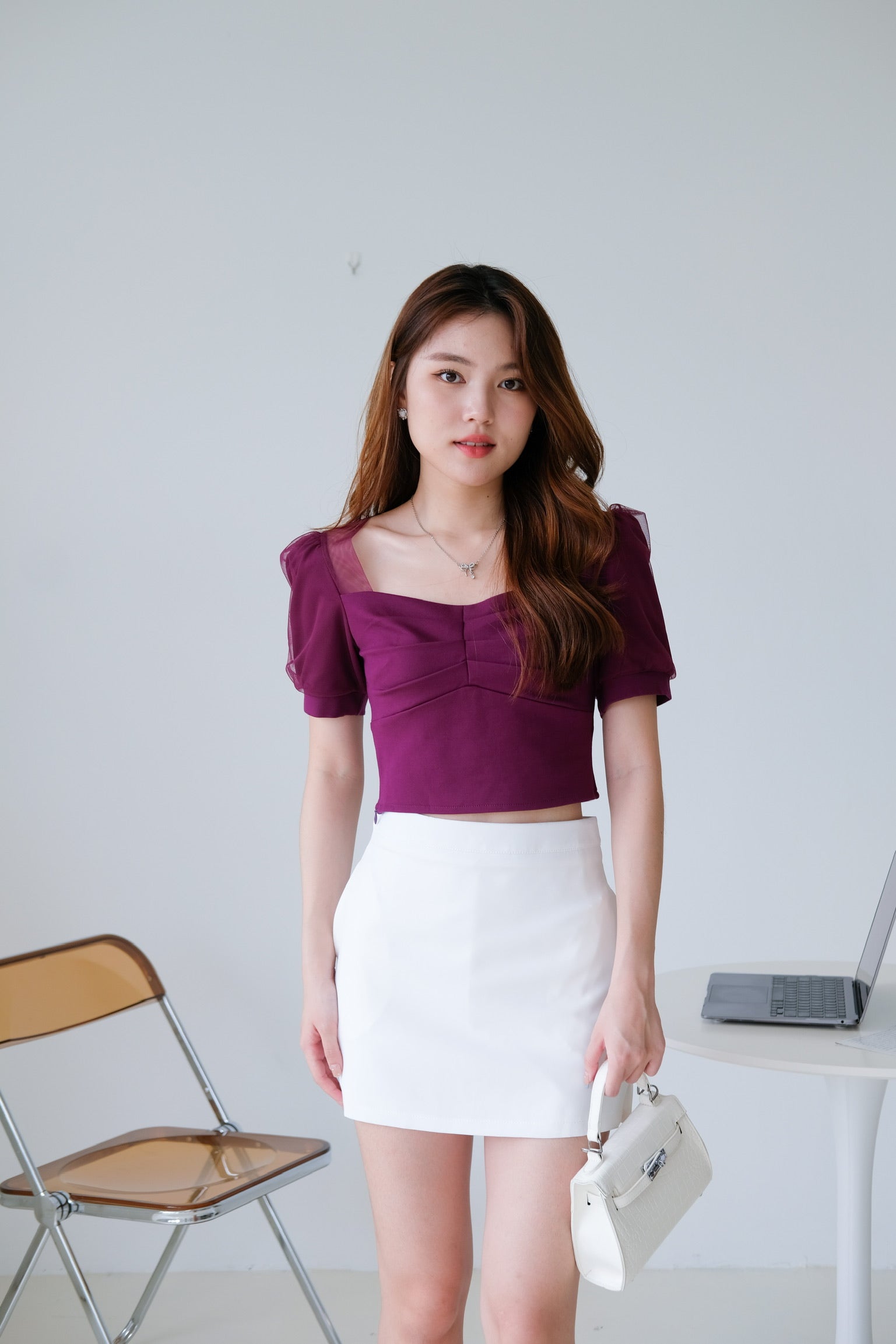Ruffle Ruched Puff Sleeve Top (Purple)