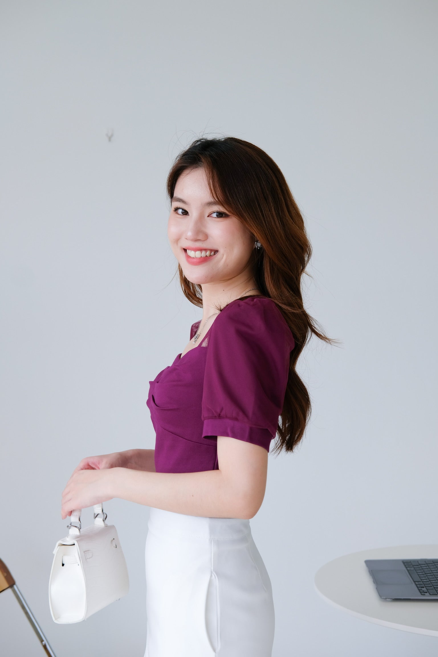 Ruffle Ruched Puff Sleeve Top (Purple)