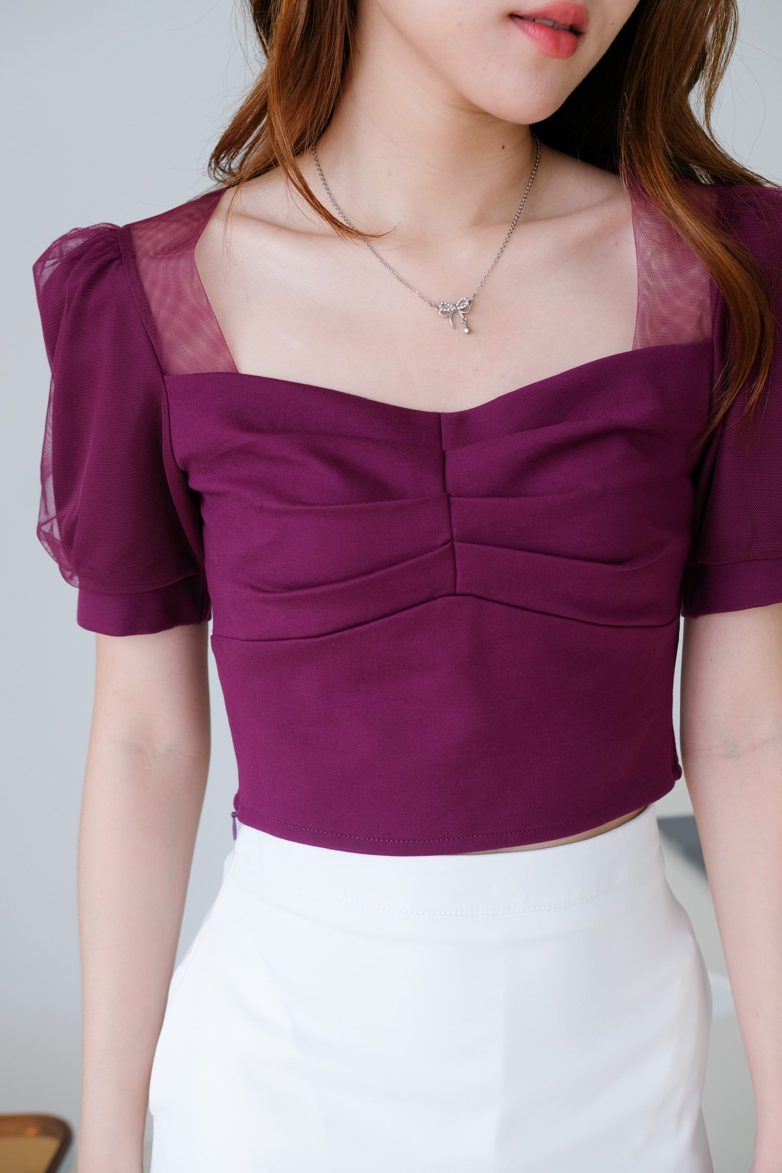 Ruffle Ruched Puff Sleeve Top (Purple)