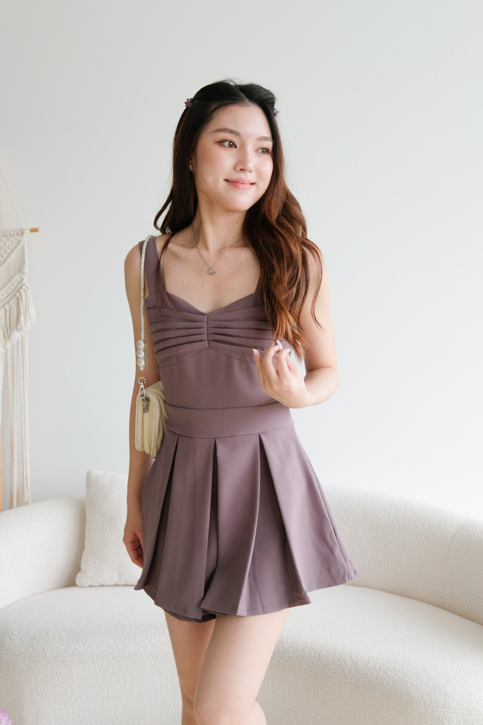 Madeline Pleated Sweetheart Romper (Matte Purple)