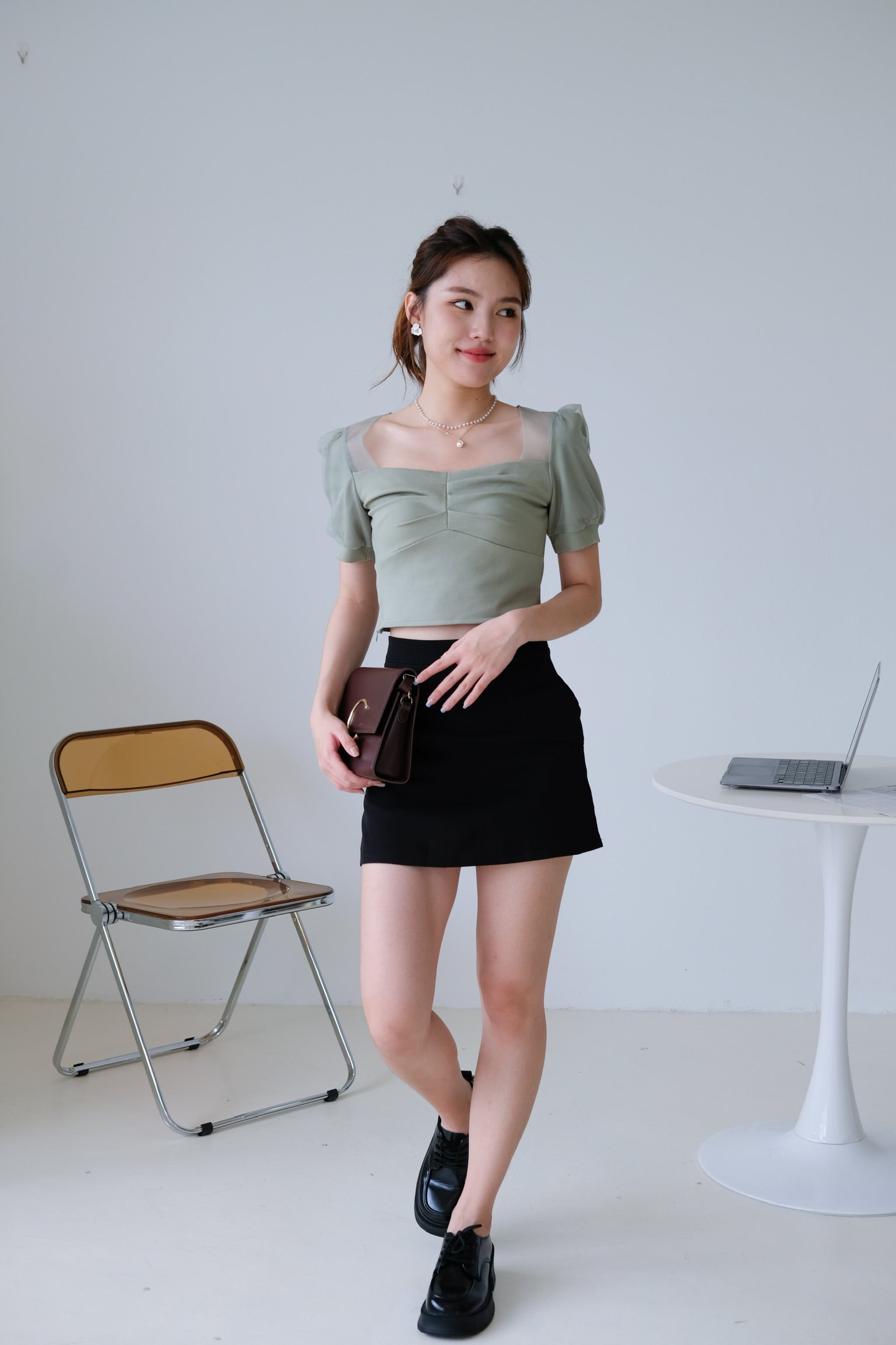Ruffle Ruched Puff Sleeve Top (Green)