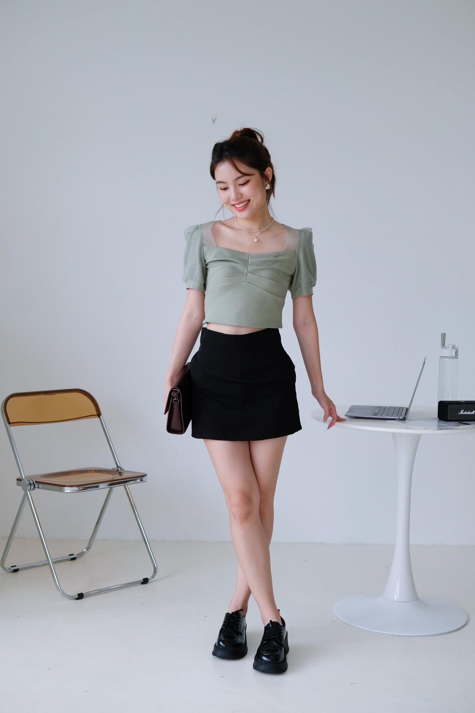 Ruffle Ruched Puff Sleeve Top (Green)