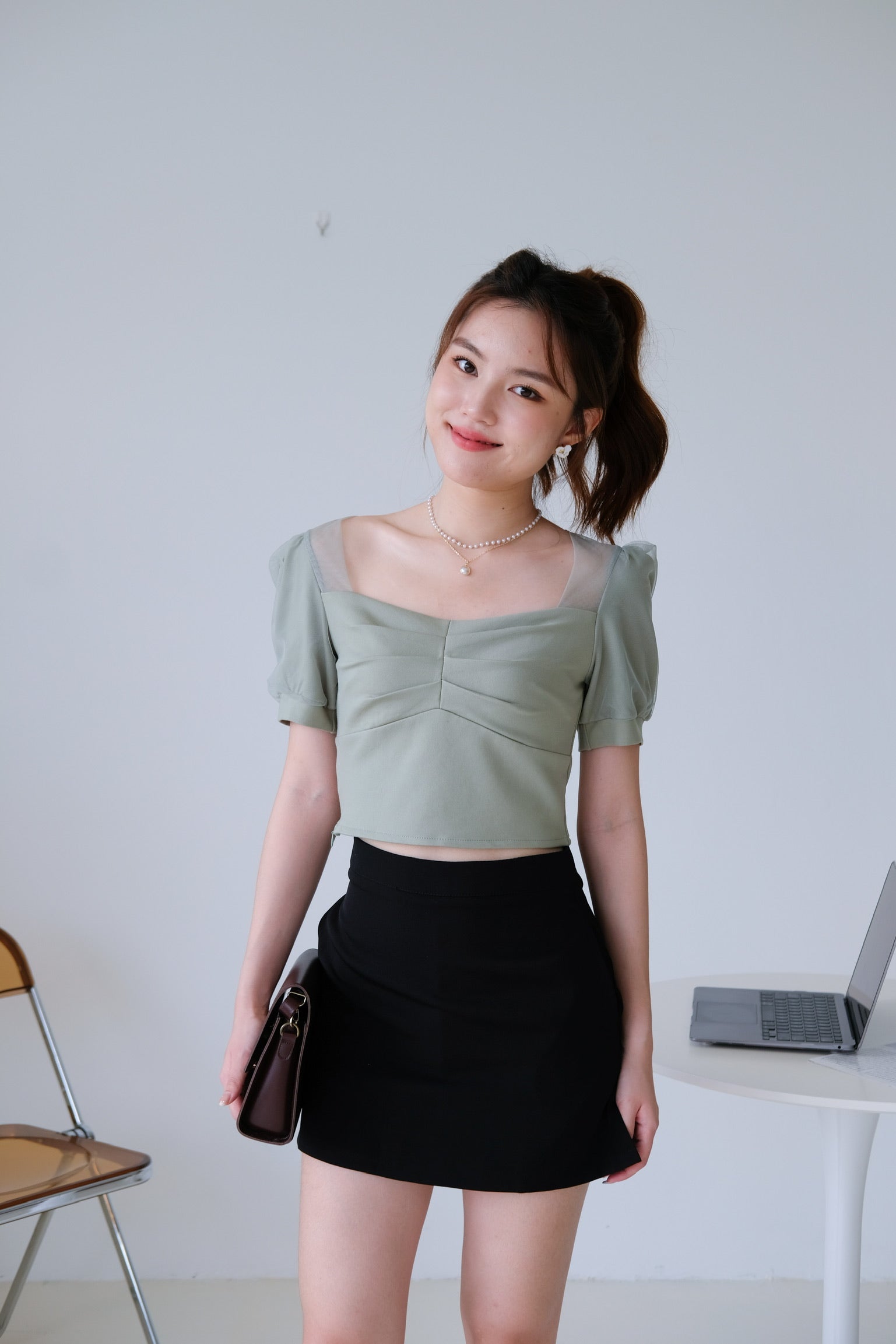 Ruffle Ruched Puff Sleeve Top (Green)