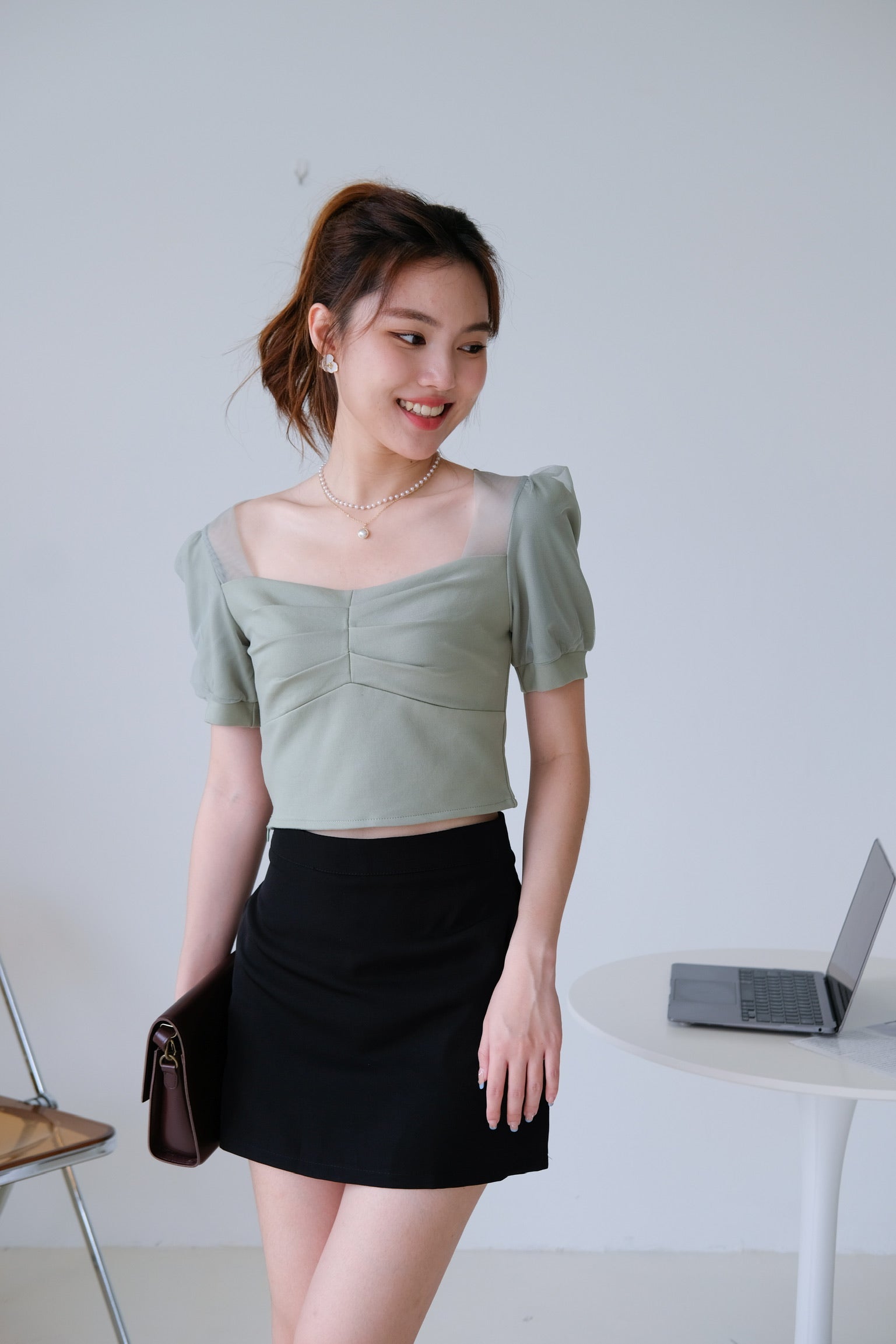 Ruffle Ruched Puff Sleeve Top (Green)