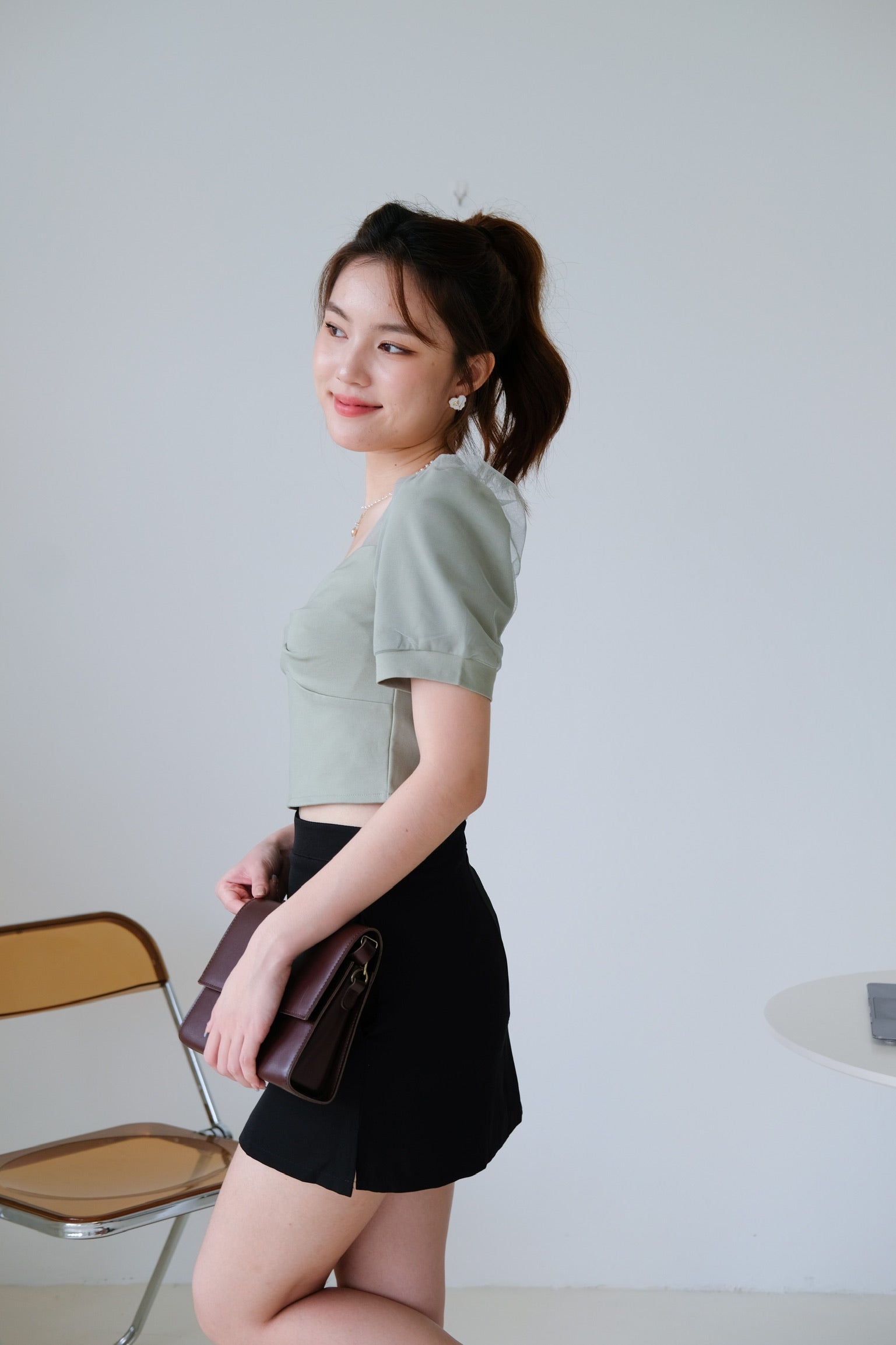 Ruffle Ruched Puff Sleeve Top (Green)