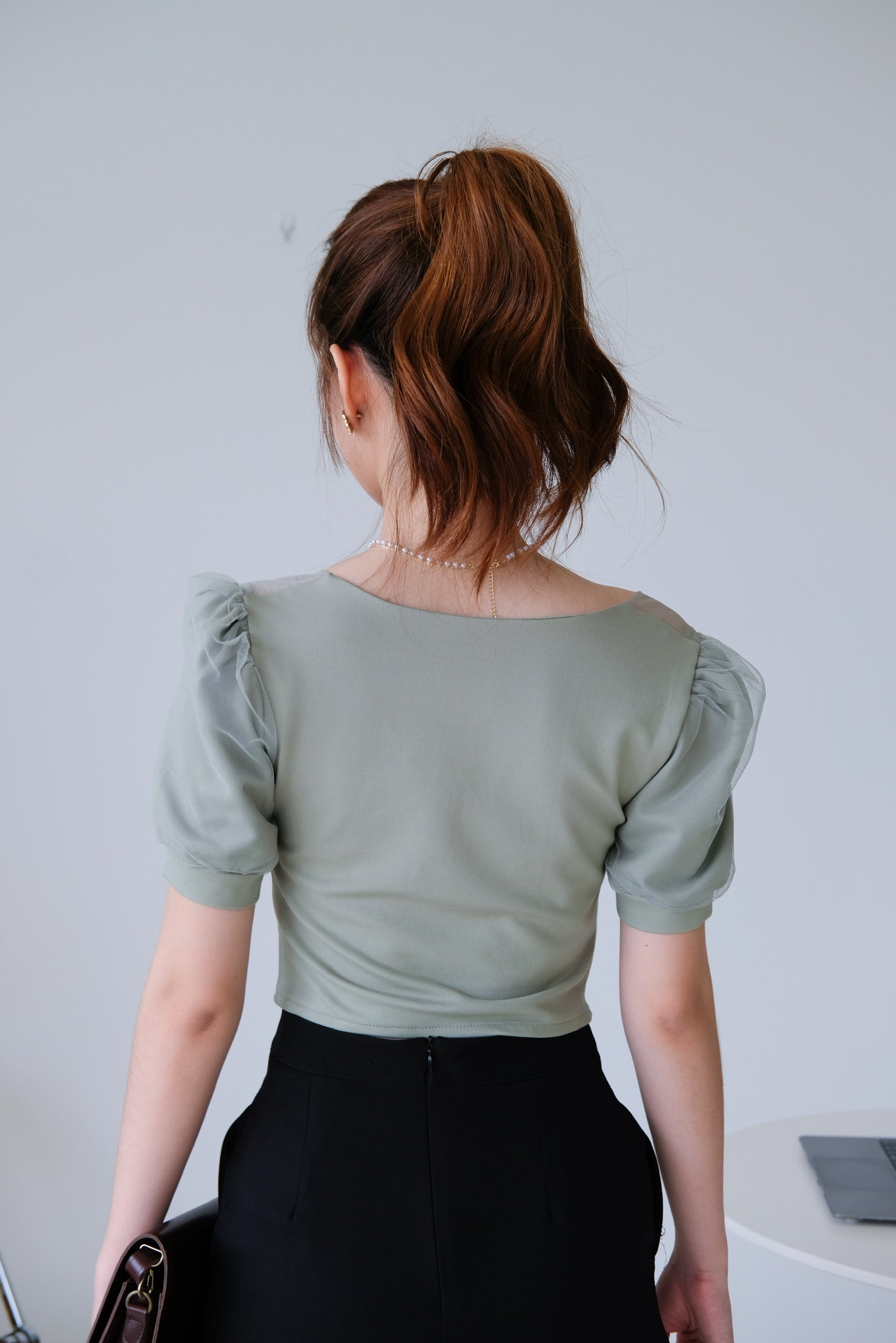Ruffle Ruched Puff Sleeve Top (Green)