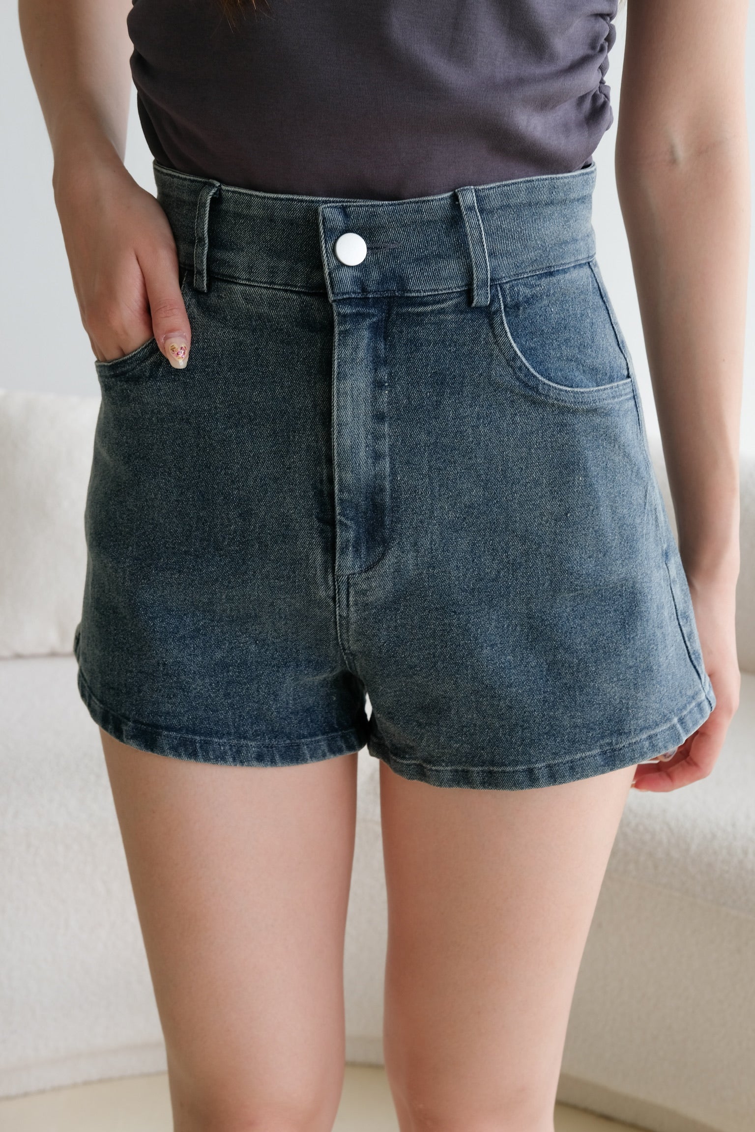 Elliot Denim High Waist Shorts (Grey Blue)