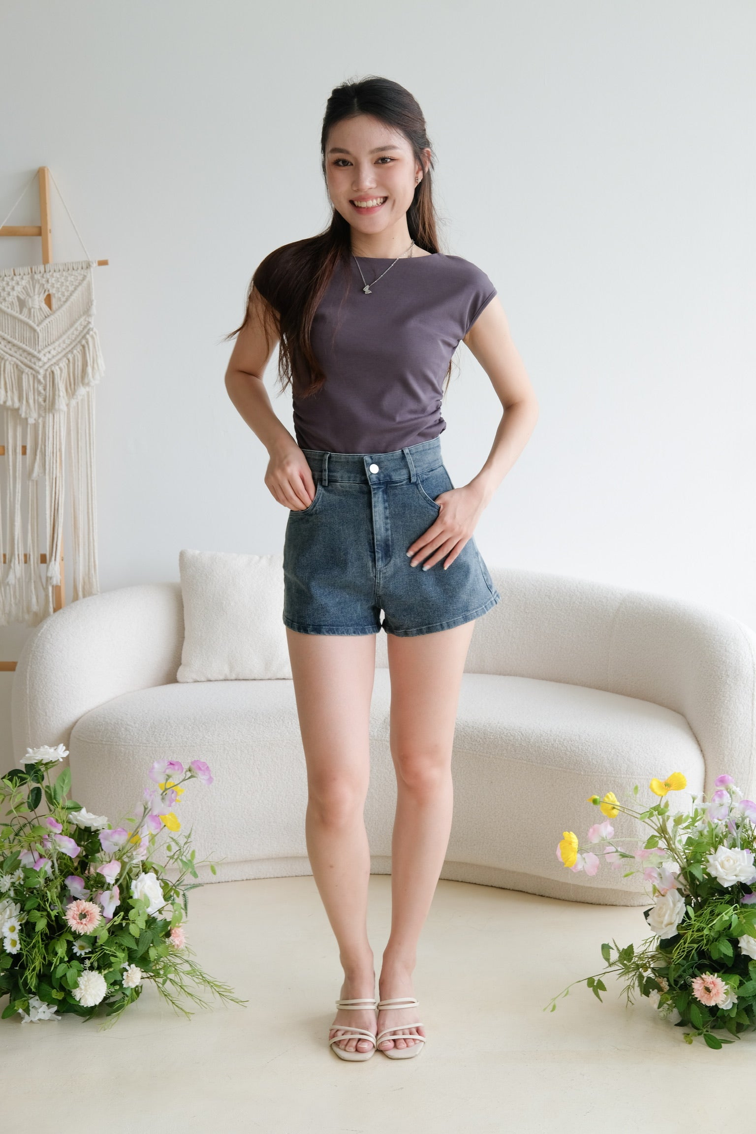 Elliot Denim High Waist Shorts (Grey Blue)