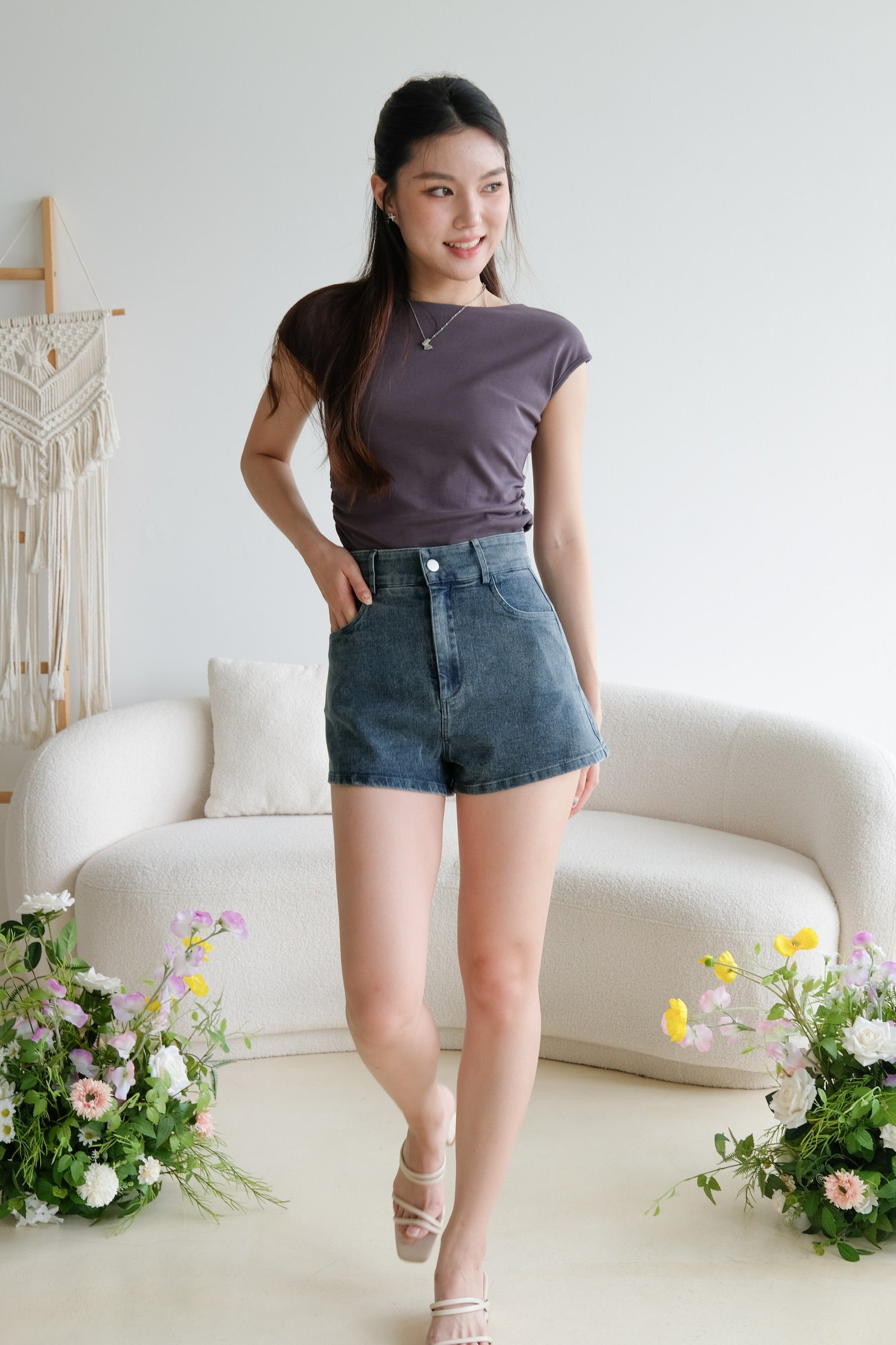 Elliot Denim High Waist Shorts (Grey Blue)