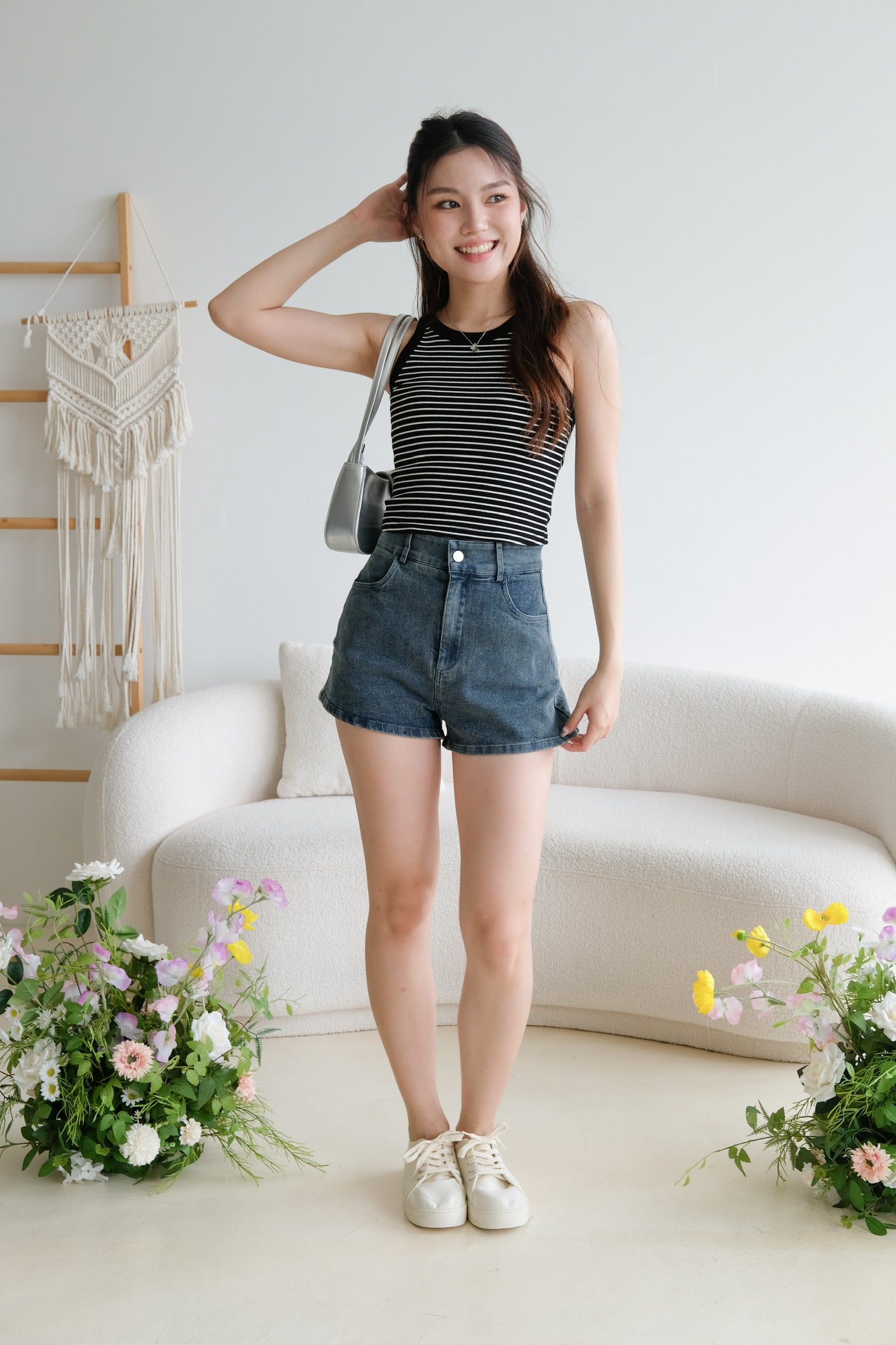 Elliot Denim High Waist Shorts (Grey Blue)