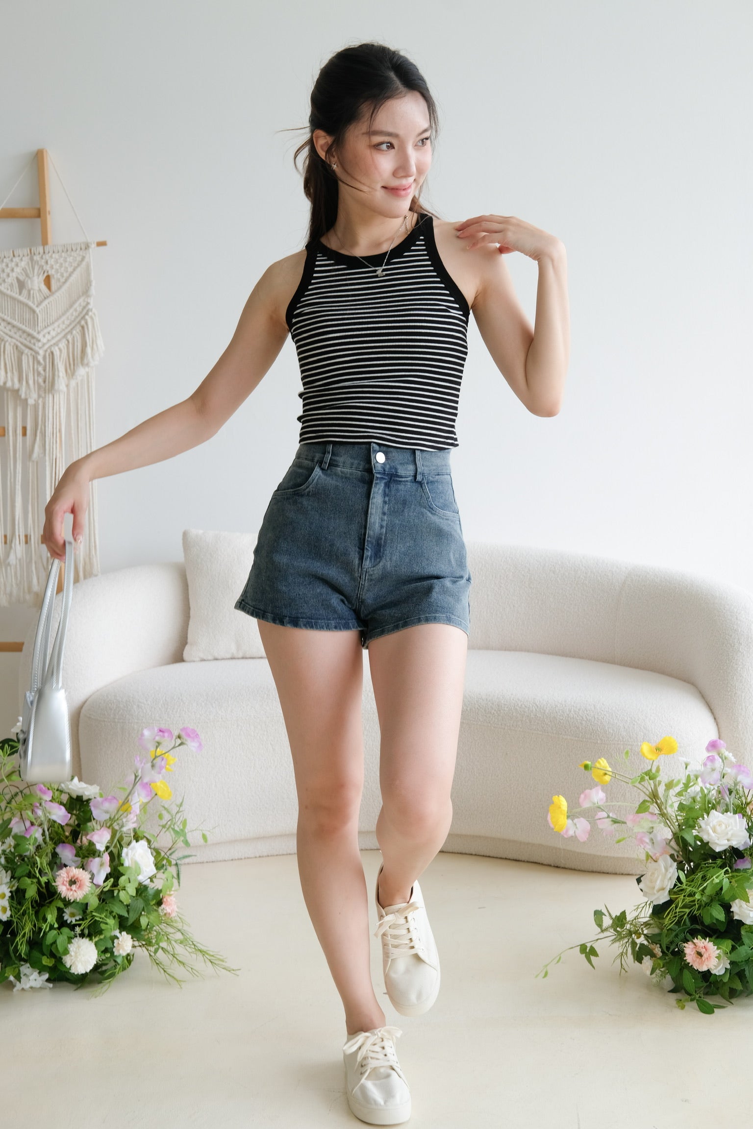 Elliot Denim High Waist Shorts (Grey Blue)