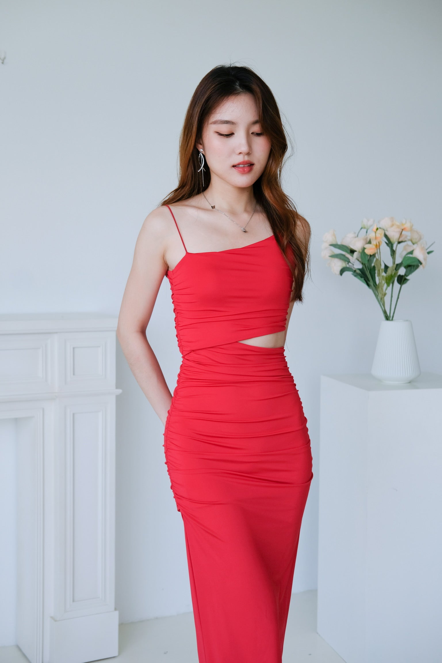 Mystery Cut In Maxi Dress (Crimson Red)