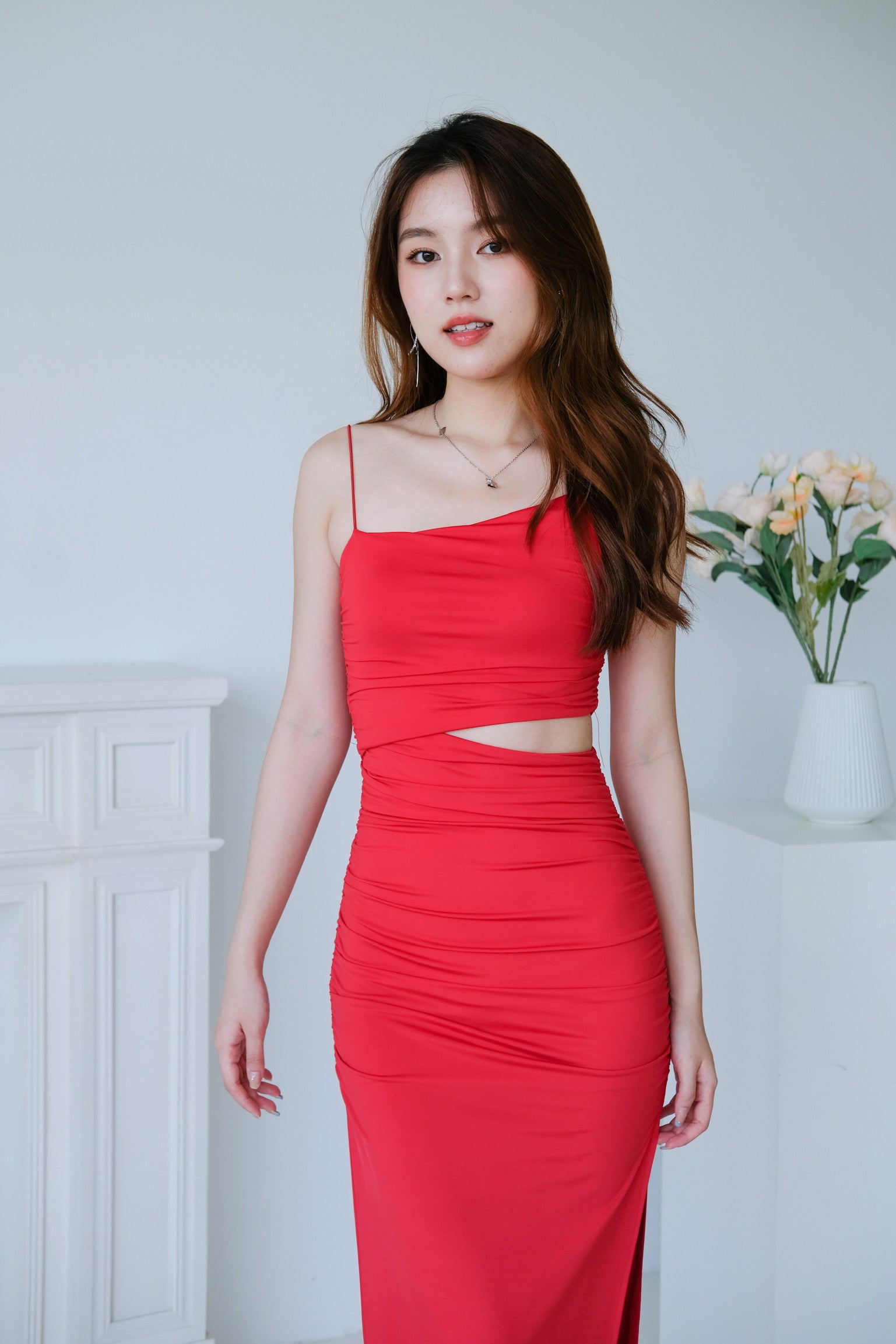 Mystery Cut In Maxi Dress (Crimson Red)